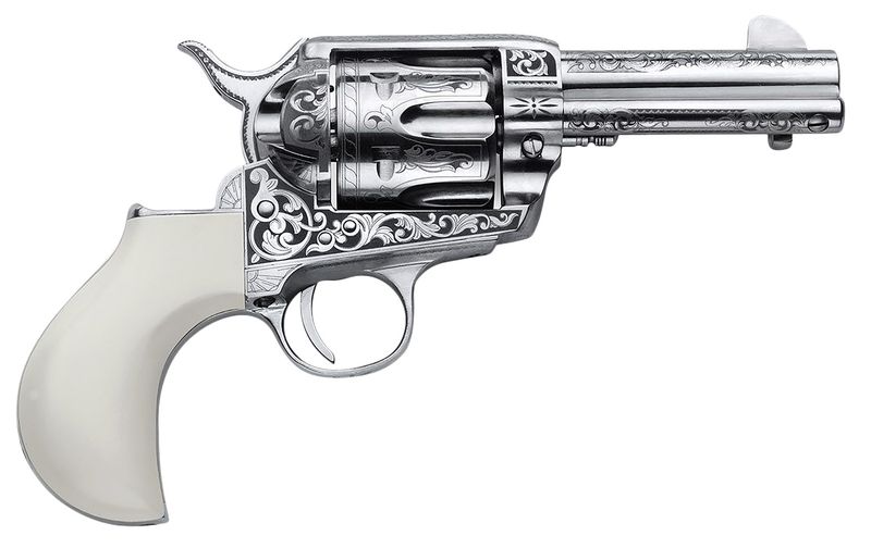 Cimarron Huckleberry Revolver PP346HUCKENG, 45 Colt (LC), 3.50in, Poly-Ivory w/"Huckleberry" Engraved On The Backstrap Grips, Steel Frame Finish, 6 Rds