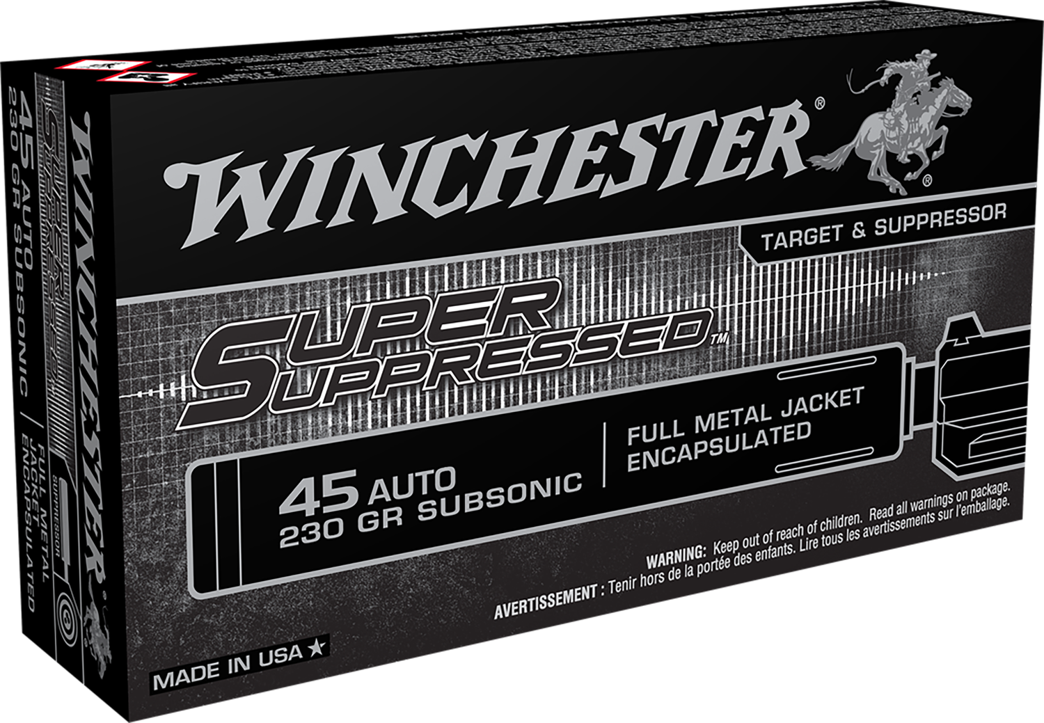 Winchester Super Suppressed Pistol Ammunition SUP45, 45 ACP, FMJ, 230 GR, 850 fps, 20 Rd/bx