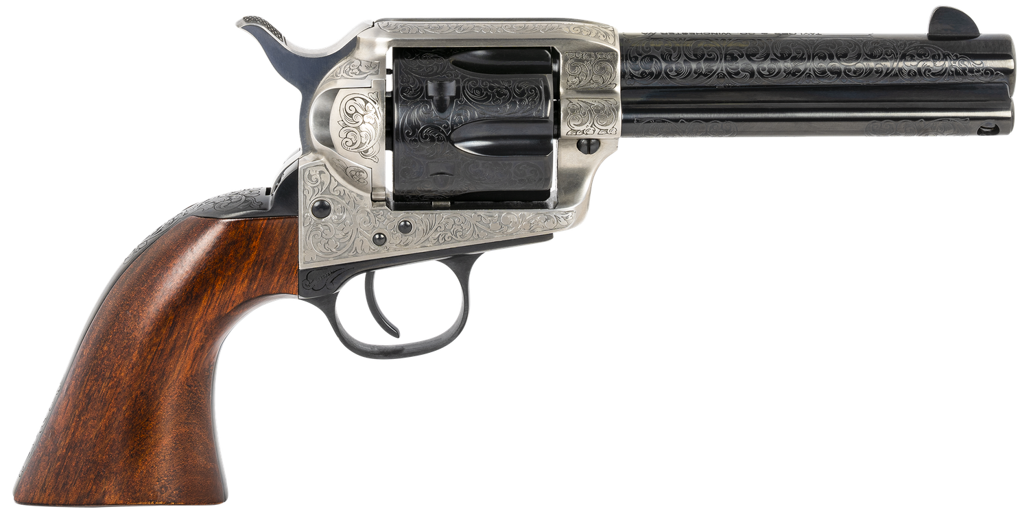 Taylors 1873 Cattleman Revolver 550924, 357 Mag, 4.75", Walnut Grips, Coin Photo Engraved Finish, 6 Rds