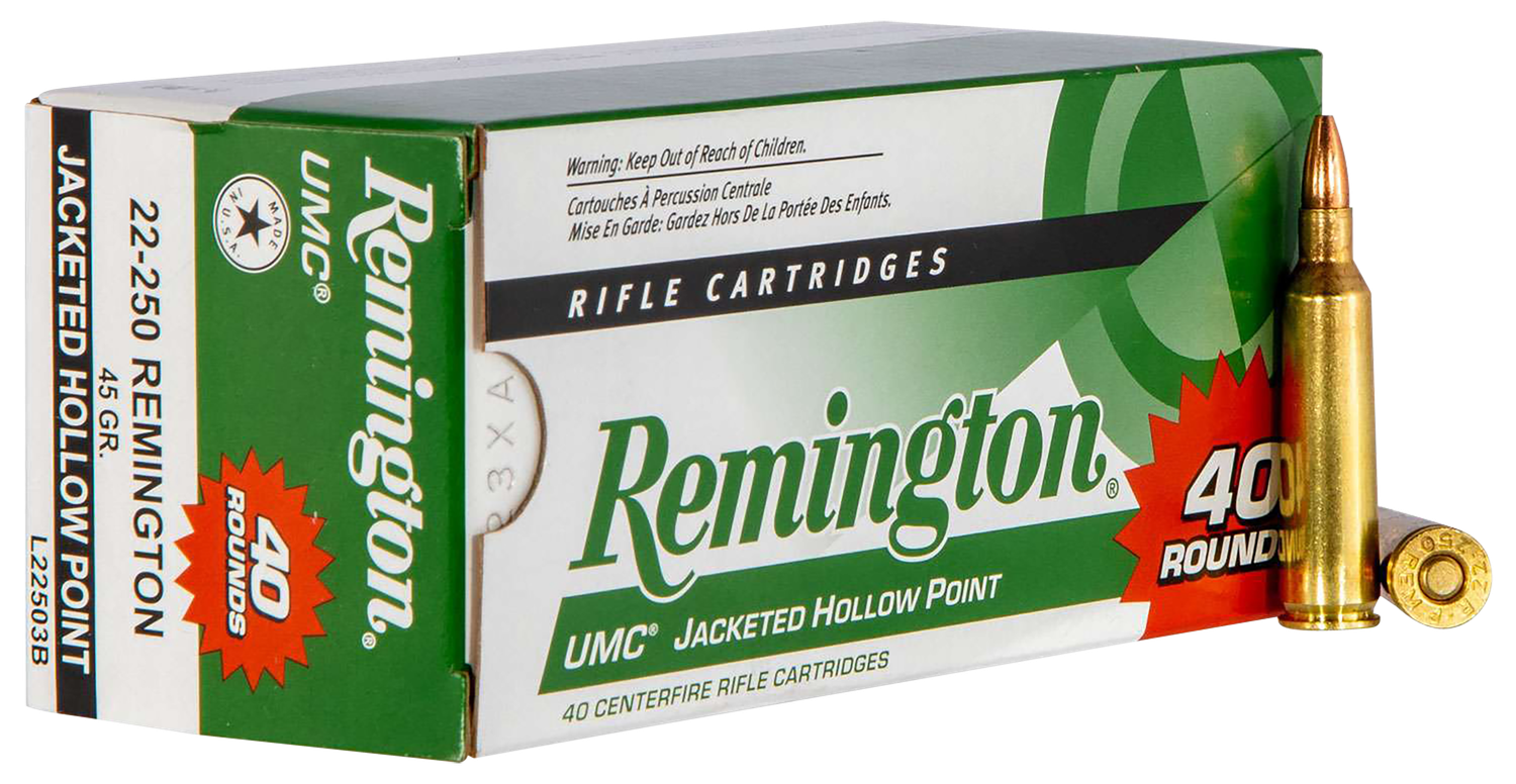 Remington UMC Rifle Ammunition Value Pack L22503B, 22-250 Remington, Jacketed Hollow Point (JHP), 45 GR, 4000 fps, 40 Rd/bx
