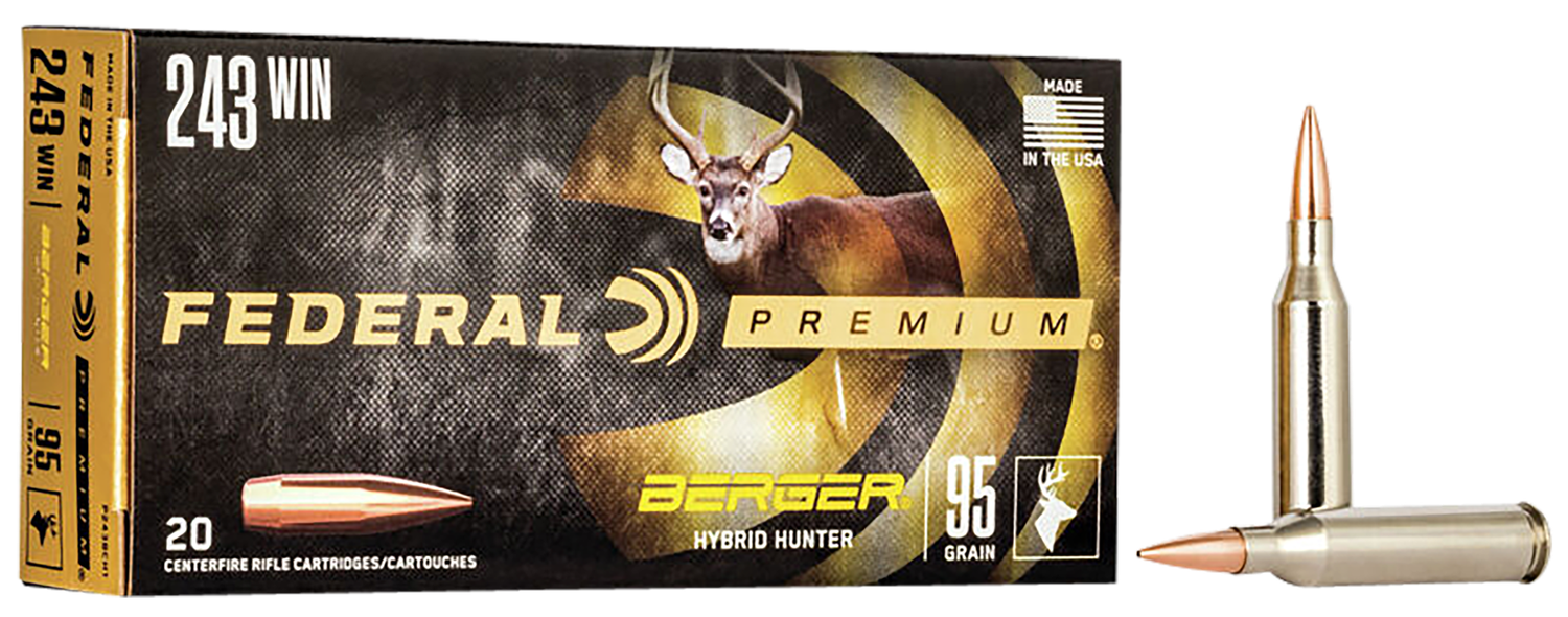 Federal Premium Berger Hybrid Rifle Ammunition P243BCH1, 243 Winchester, Berger Hybrid, 95 GR, 3050 fps, 20 Rds/Bx