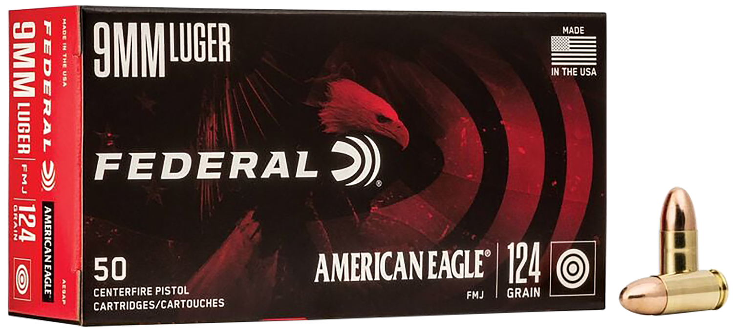 Federal American Eagle Pistol Ammunition AE9AP, 9mm, Full Metal Jacket (FMJ), 124 GR, 1150 fps, 50 Rd/bx