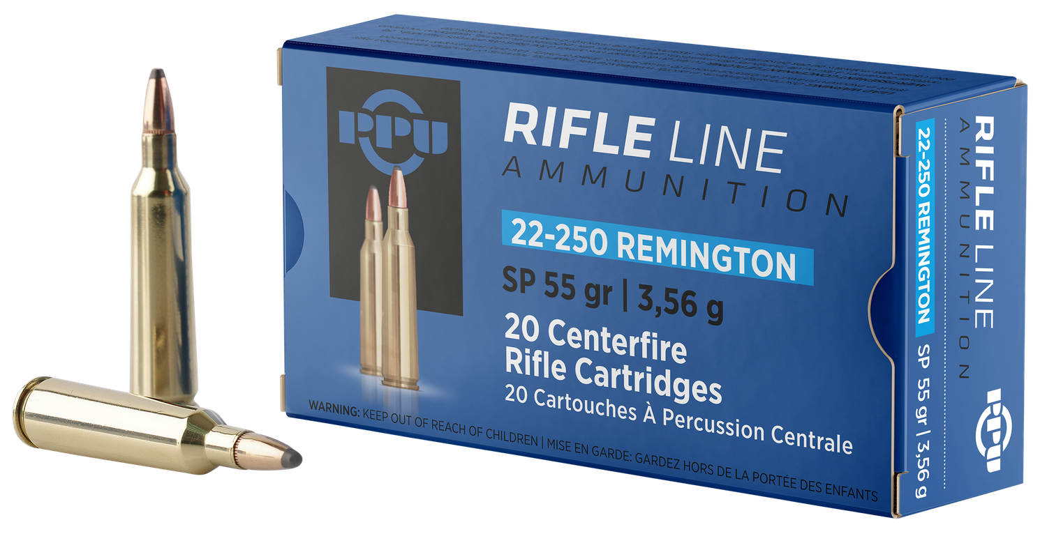 PPU Standard Big Game Rifle Ammunition PP22250, 22-250 Remington, Soft Point (SP), 55 GR, 3680 fps, 20 Rd/bx