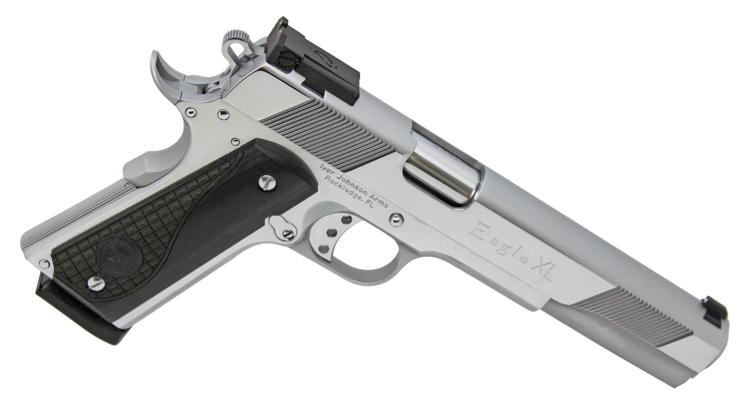 Iver Johnson Eagle XL Pistol EAGLEXLC45, 45 ACP, 6in, Diamondwood Walnut w/Integrated Logo Grips, Bright Chrome High Polished Finish, 8 Rds