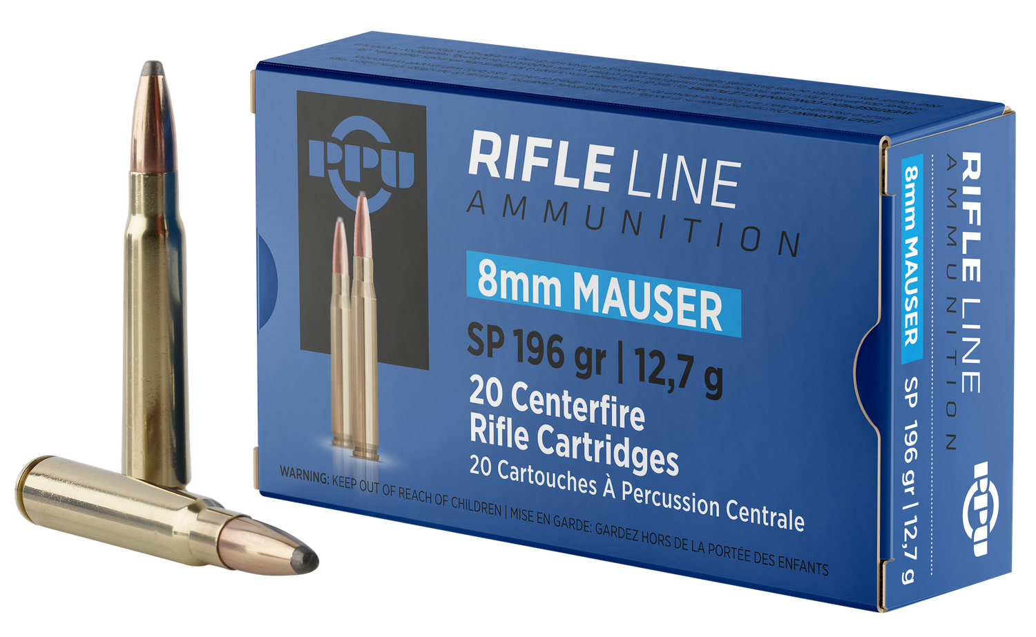 Prvi Partizan Rifle Ammunition PP8S, 8mm Mauser, Soft Point, 196 gr, 2181 fps, 20 Rd/Bx