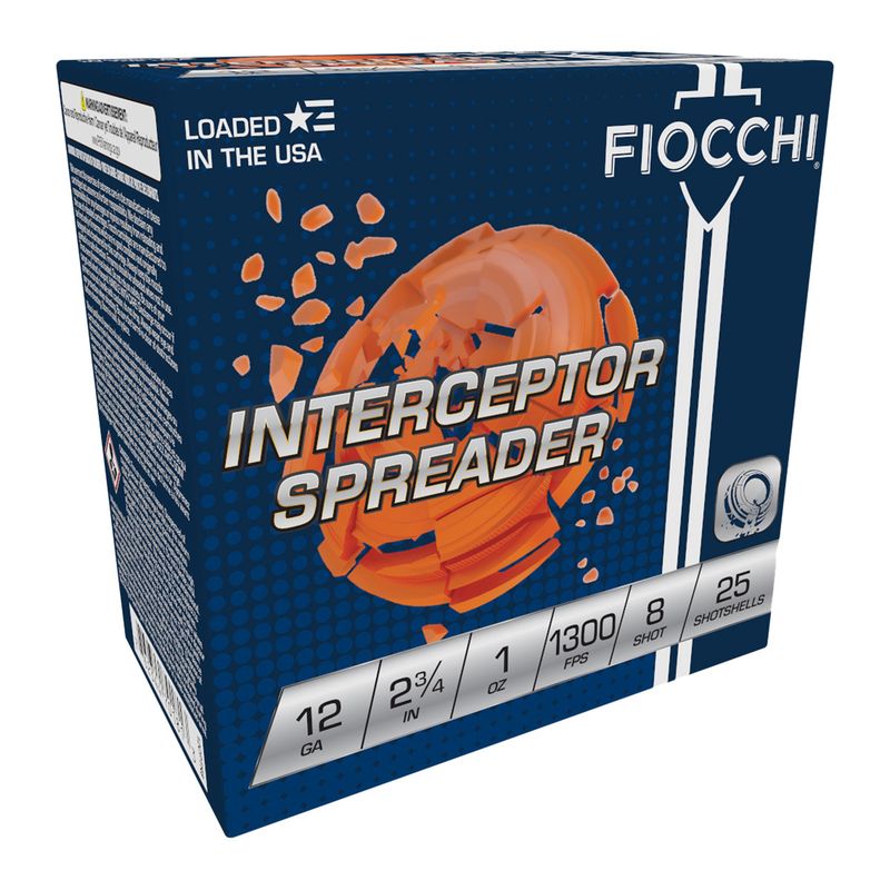 Fiocchi Interceptor Spreader 12CPTR8, 12 Gauge, 2-3/4", 1 oz, 1300 fps, #8 Lead Shot, 25 Rds/Bx