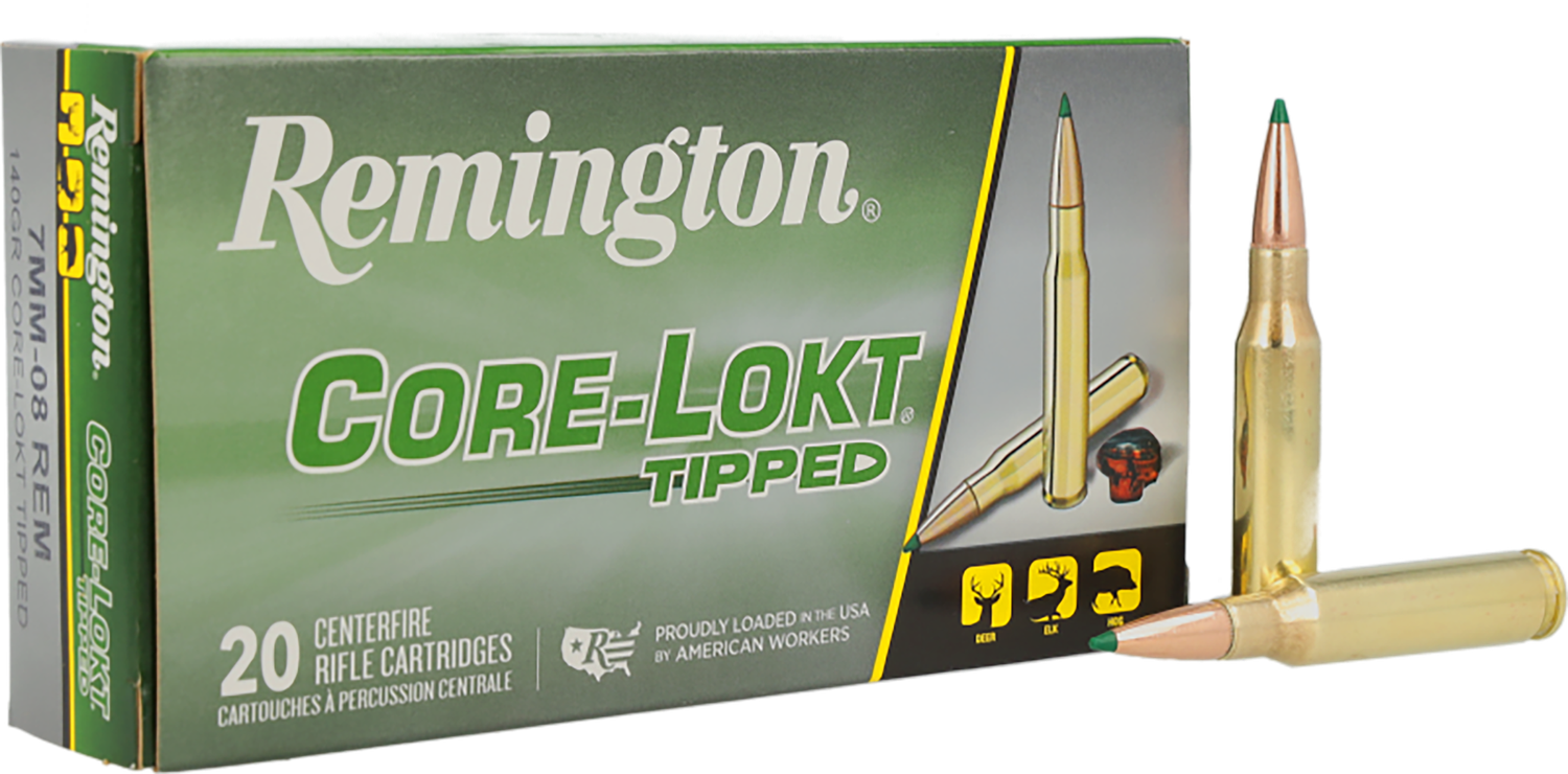 Remington Core-Lokt Tipped Rifle Ammunition R20039, 7mm-08 Rem, Core Lokt Tipped, 140 gr, 2860 fps, 20 Rd/Bx