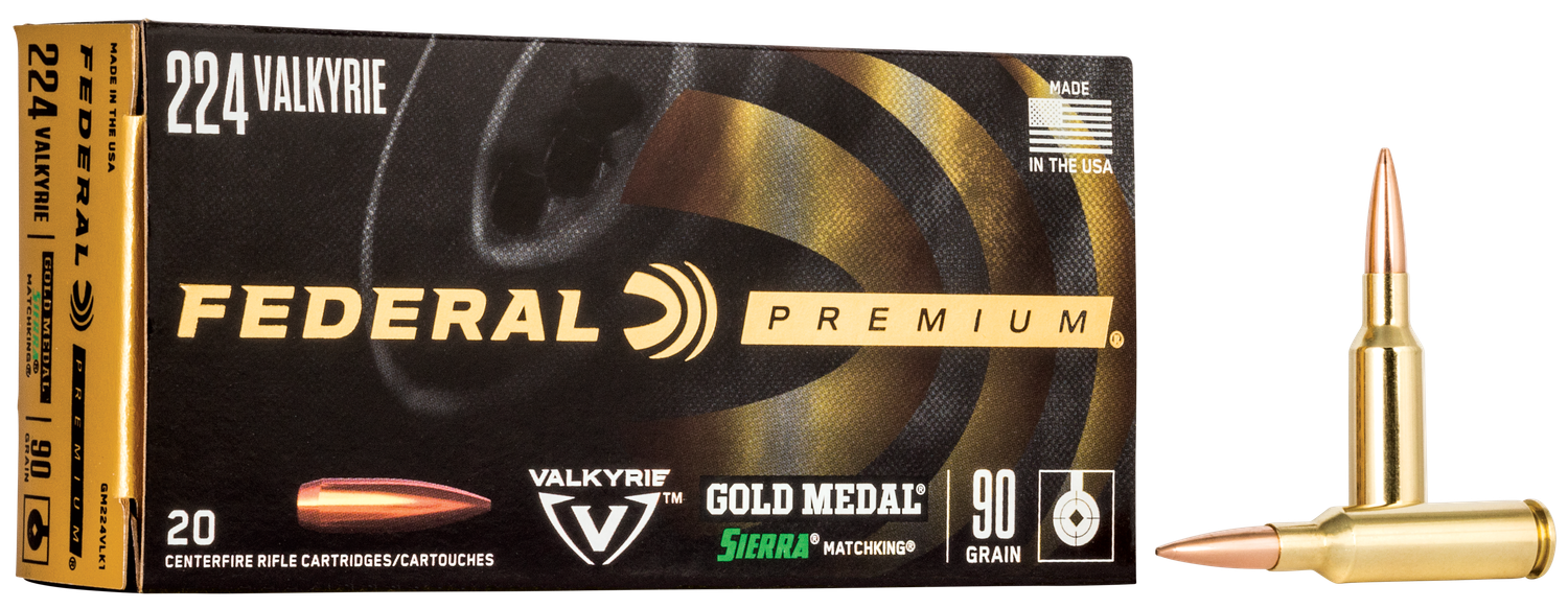Federal Gold Medal Rifle Ammunition GM224VLK1, 224 Valkyrie, Sierra MatchKing BTHP, 90 GR, 2700 FPS, 20 Rds/Bx