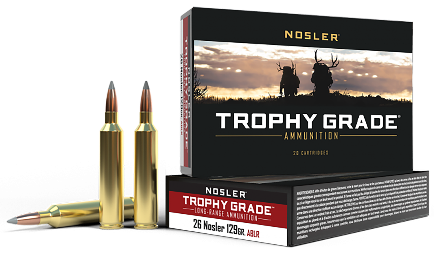 Nosler Trophy Grade Rifle Ammunition 60110, 26 Nosler, AccuBond Tip, 129 GR, 3400 fps, 20 Rd/bx