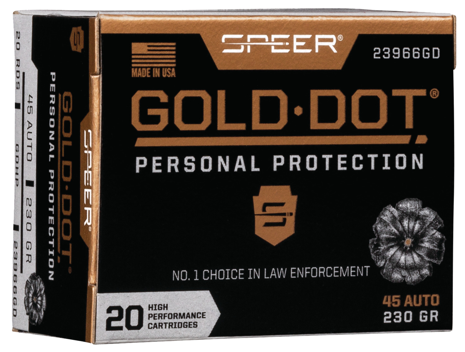 Speer Gold Dot Personal Protection Handgun Ammunition 23966GD, 45 ACP, Gold Dot HP, 230 GR, 890 fps, 20 Rd/bx