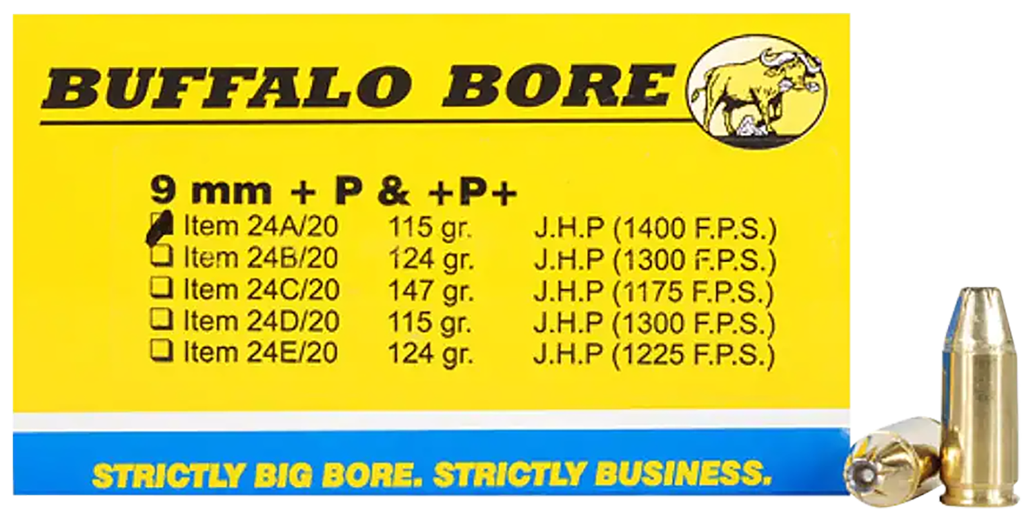 Buffalo Bore Handgun Ammunition 24A/20, 9mm Luger +P+, Jacketed Hollow Point (JHP), 115 GR, 1400 fps, 20 Rd/Bx