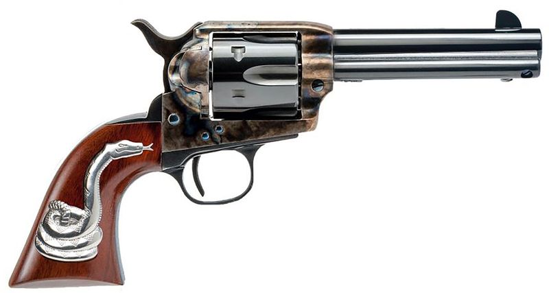 Cimarron Man With No Name Hollywood Series Revolver MP410SSI01, 45 Colt (LC), 4.75in, Walnut w/Sterling Silver Rattlesnake, Steel Frame Finish, 6 Rds