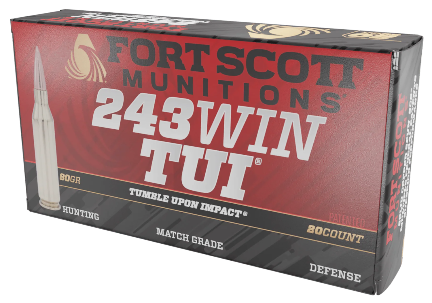 Fort Scott Munitions TUI Rifle Ammunition 243080SCV, 243 Win, Solid Copper Spun, 80 gr, 3479 fps, 20 Rd/Bx