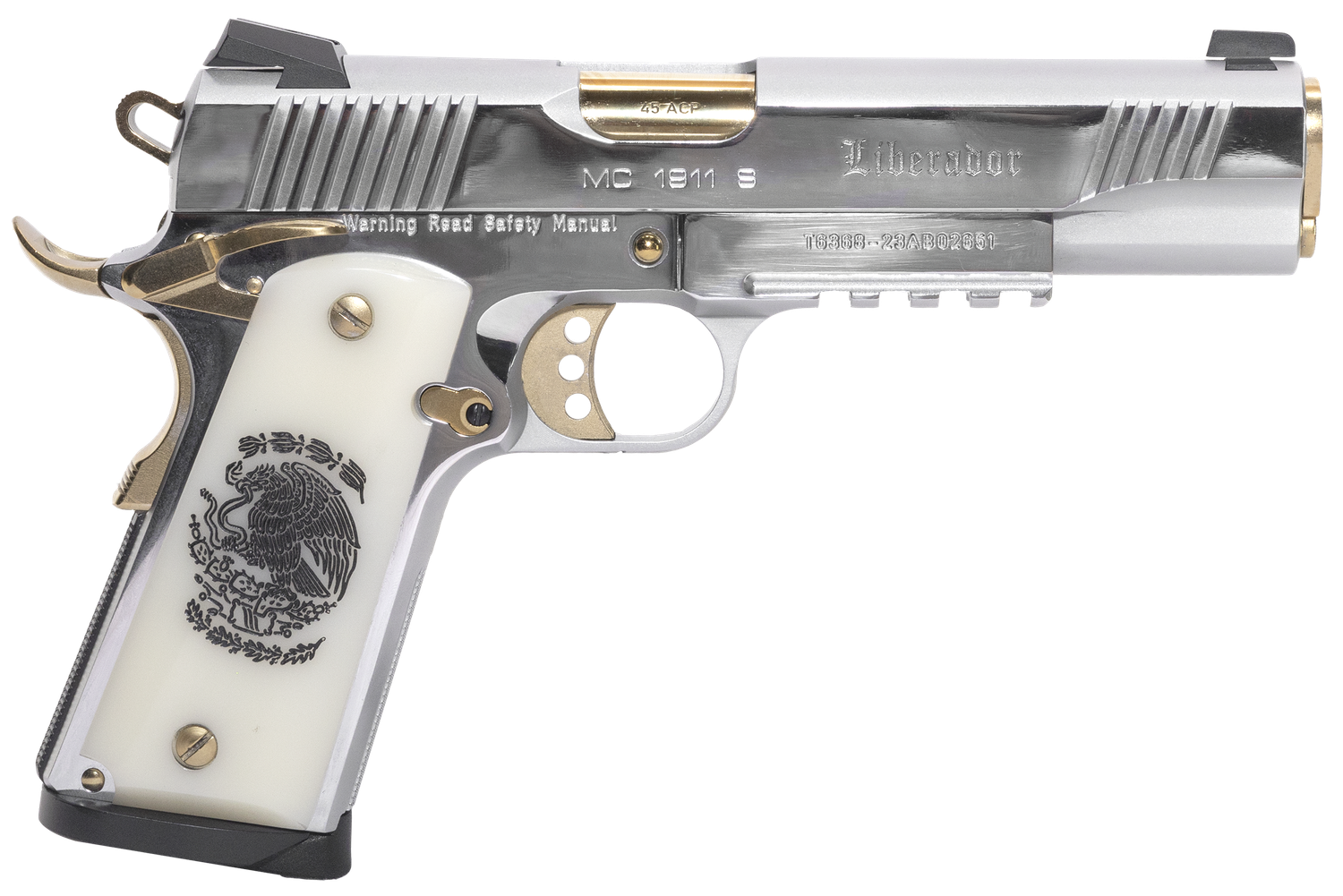 EAA Regard Liberador II Pistol 391053, 9mm Luger, 5in, Pearl Like w/Mexican Coat Of Arms, Stainless w/Gold Controls Finish, 9 Rds