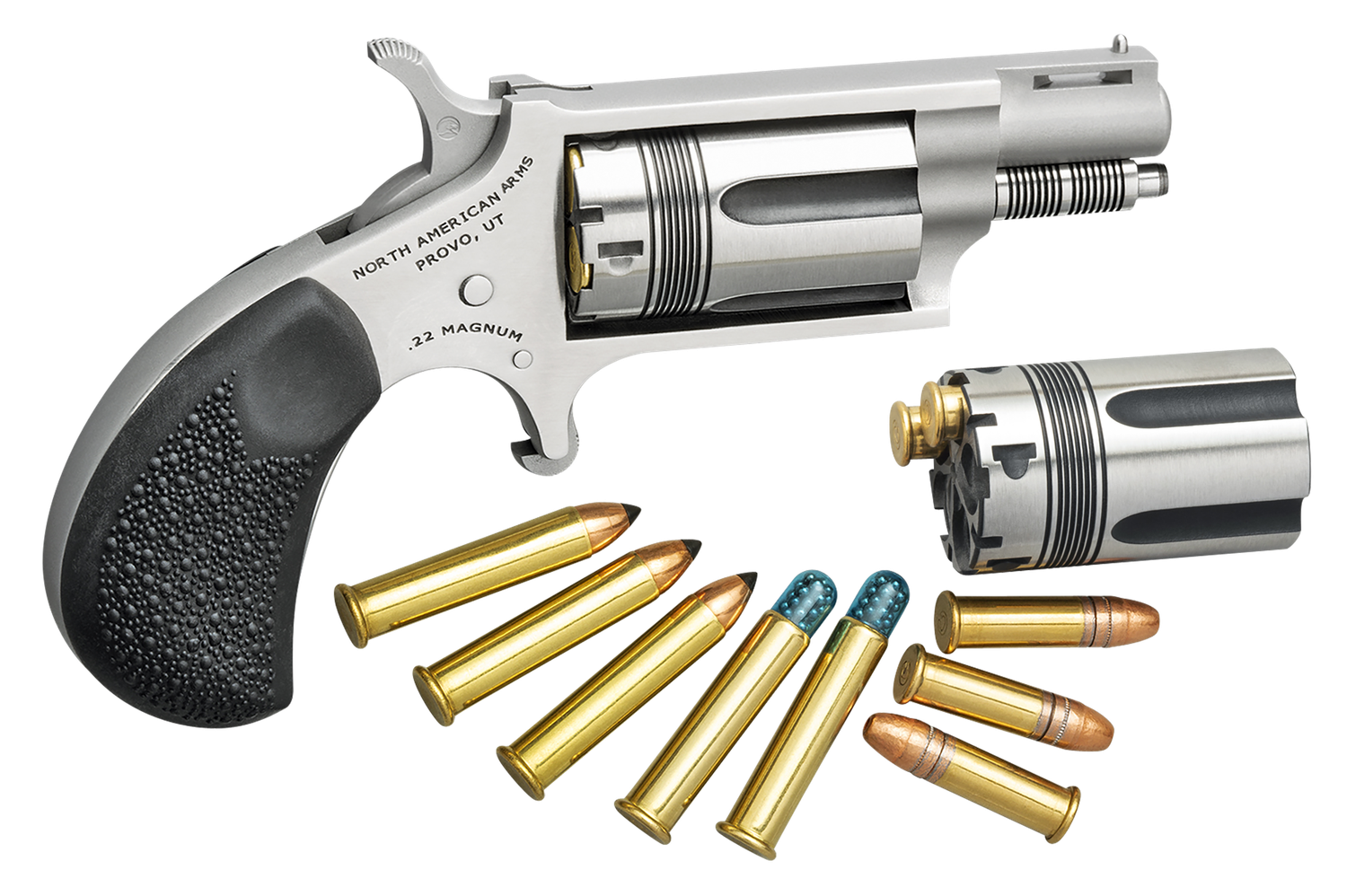 North American Wasp Revolver 22 Mag 22MCTW, .22 LR/22 WMR, 1.625", Rubber Grip, Stainless Finish, Fixed Sights, 5 Rd