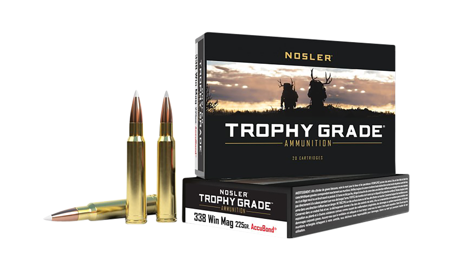 Nosler Trophy Grade Rifle Ammunition 60074, 338 Winchester Magnum, AccuBond, 225 GR, 2750 fps, 20 Rd/Bx
