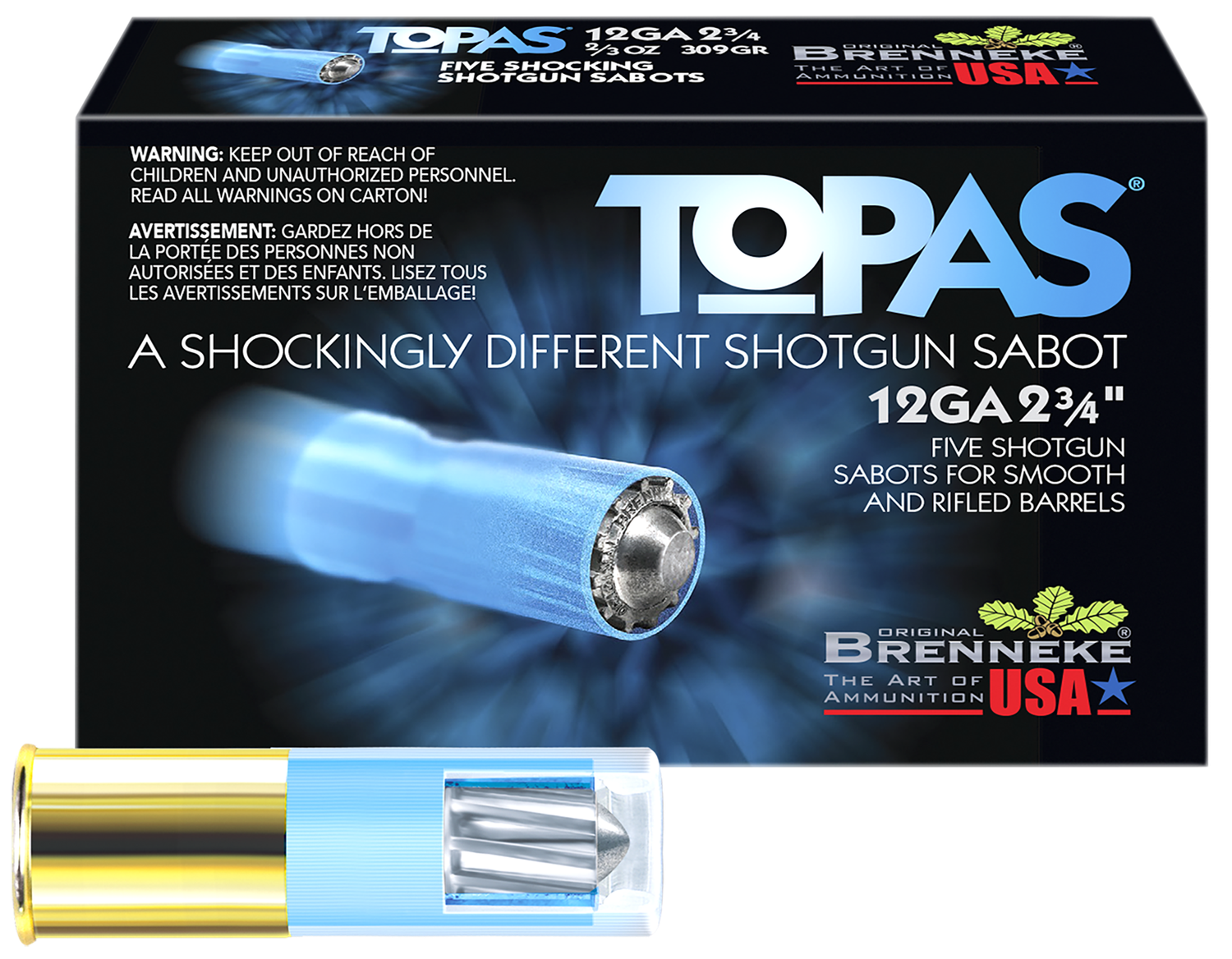 Brenneke TOPAS Shotshells SL122TOP, 12 Gauge, 2-3/4", 2/3 oz, 1673 fps, Sabot Slug, 5 Rds/box