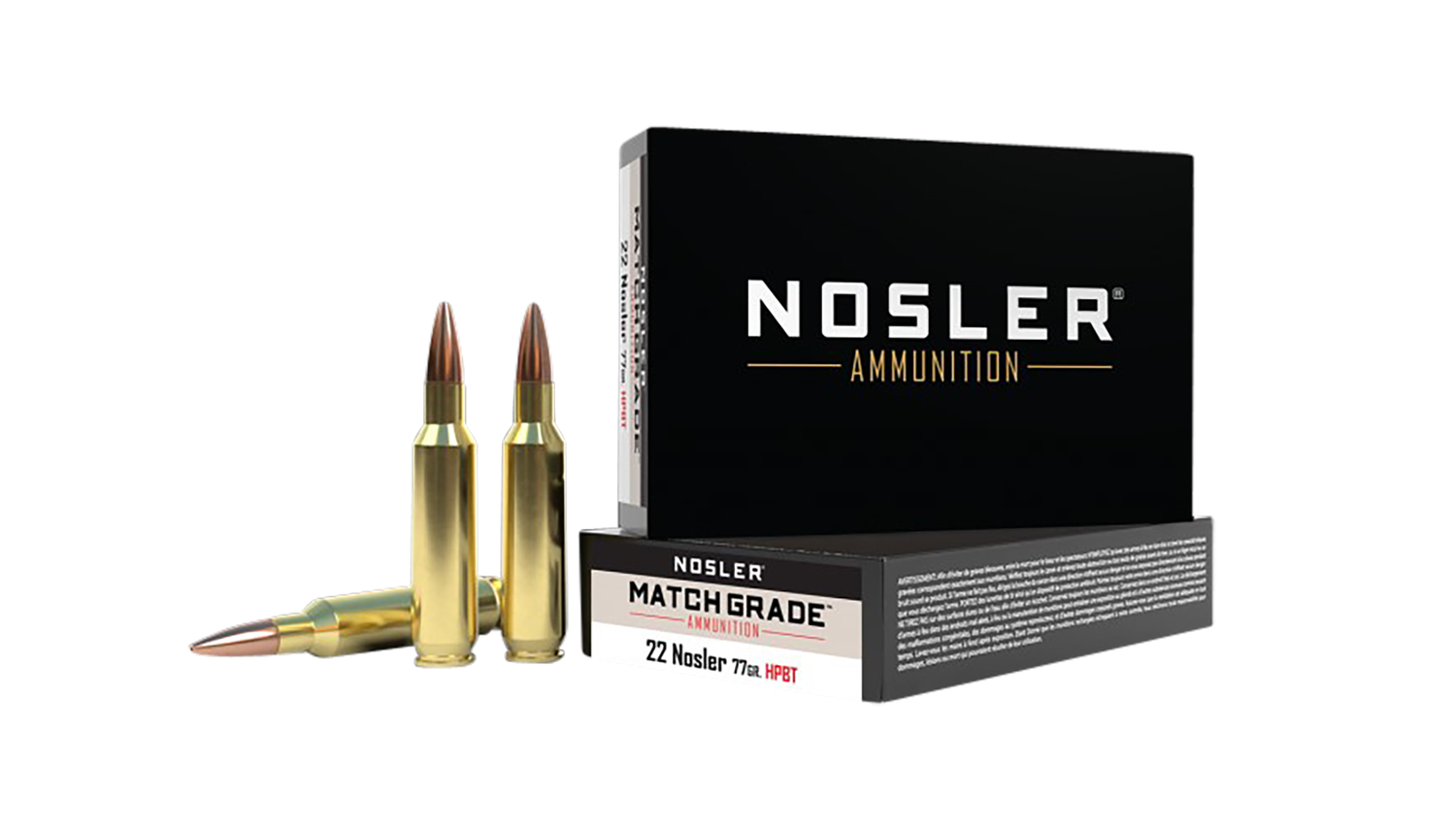 Nosler Match Grade Rifle Ammunition 60016, 22 Nosler, Custom Competition, 77 GR, 2950 fps, 20 Rd/Bx