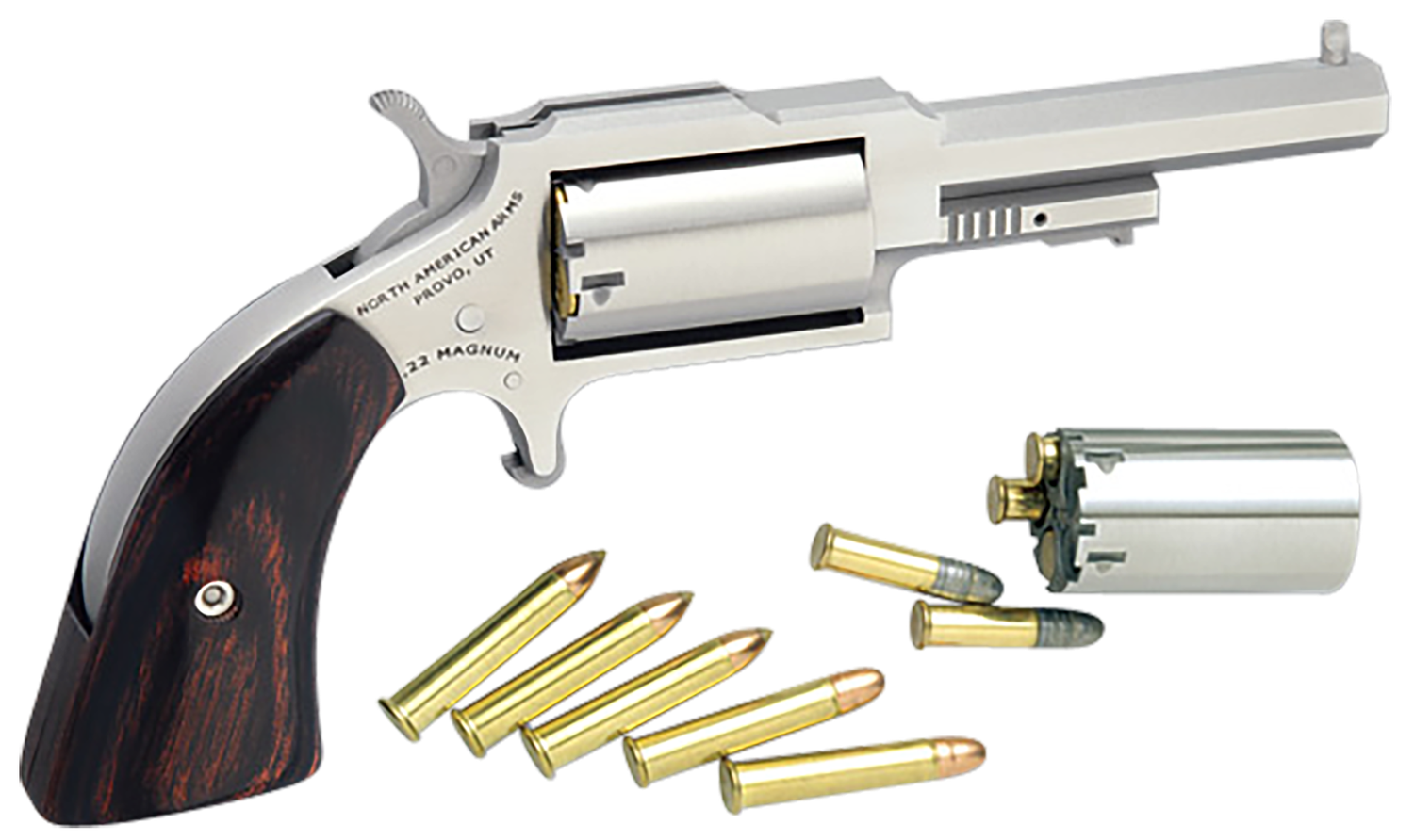 North American Arms Sheriff Revolver 1860250C, 22 Long Rifle/22 Magnum, 2.5 in, Wood Grip, Satin Stainless Finish, 5 Rd