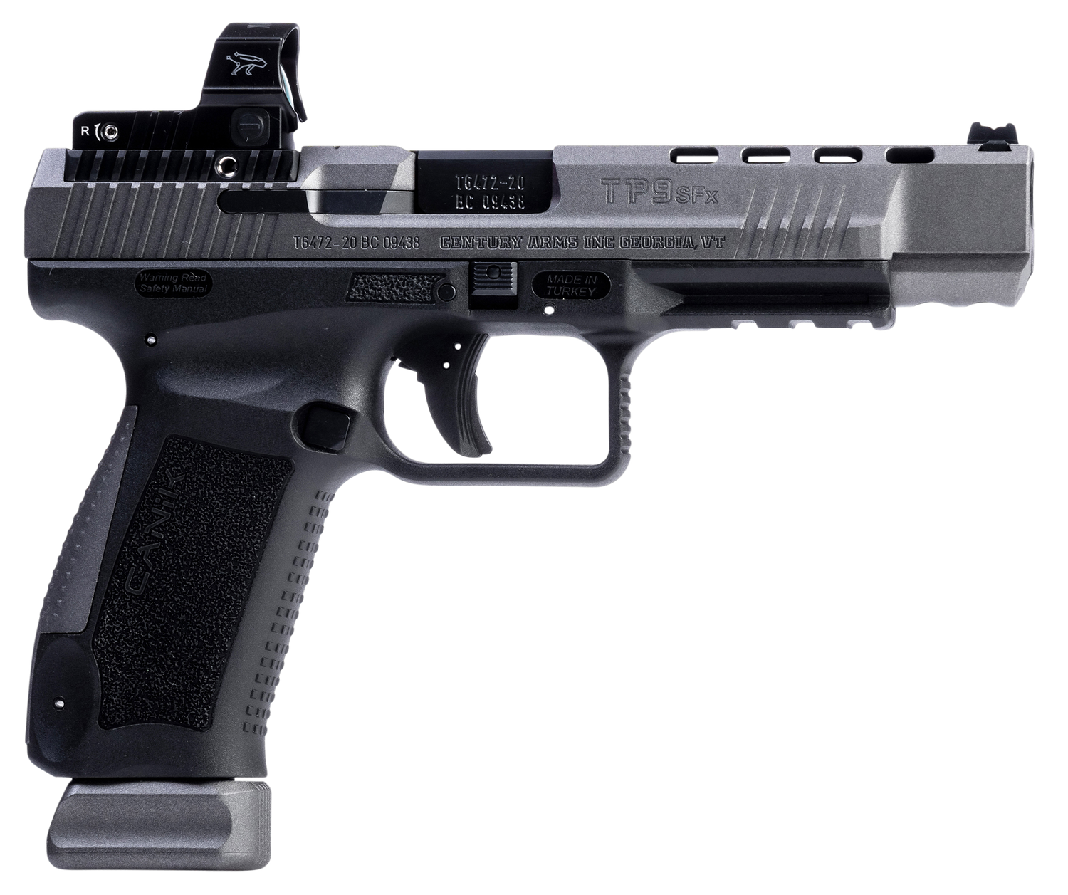 Caniok TP9SFX Full Size Pistol HG7166GN, 9mm, 5.20", Textured Polymer Grips, Tungsten Gray Finish, w/MeCanik M02 Optic, Ambidextrous, 20 Rds