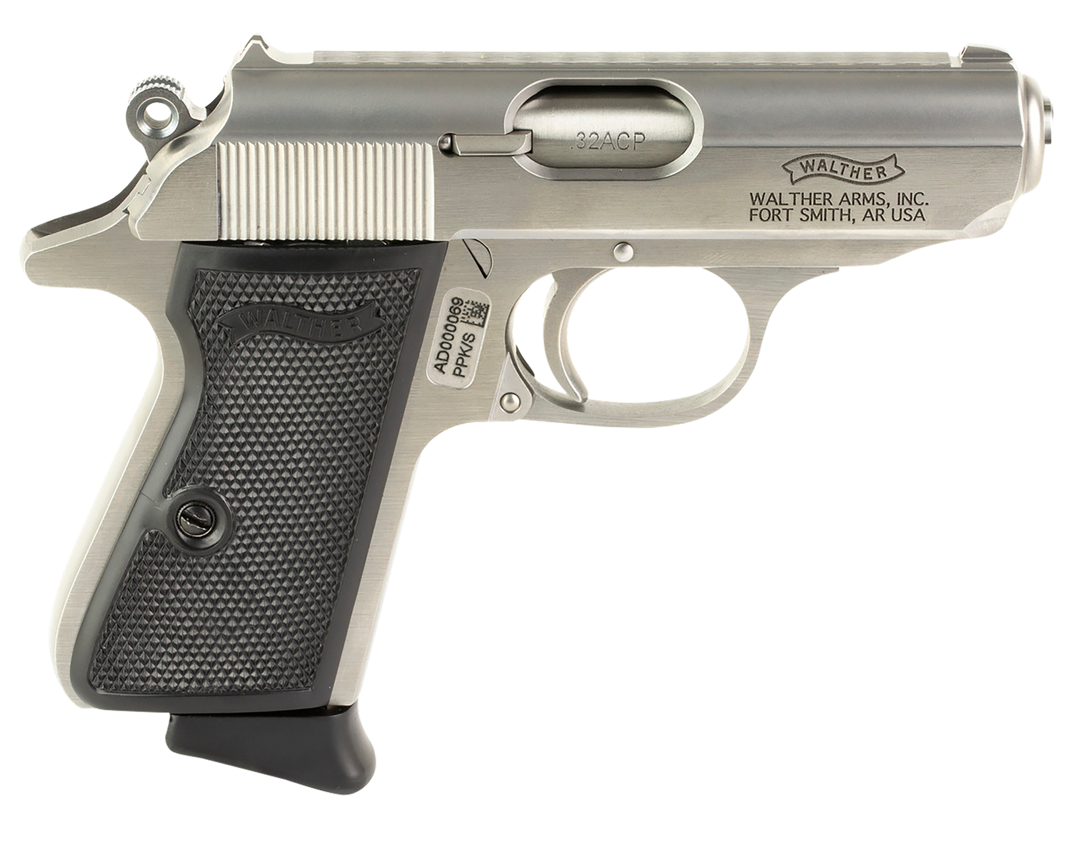 Walther PPK/S Pistol 4796022, 32 ACP, 3.3", Black Checkered Polymer Grips, Stainless Finish, 7 Rds