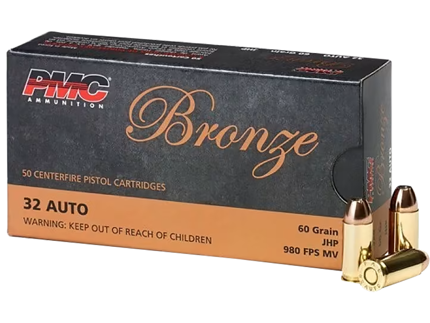 PMC Bronze Line Pistol Ammunition 32B, 32 ACP, Hollow Point (HP), 60 GR, 980 fps, 50 Rd/bx