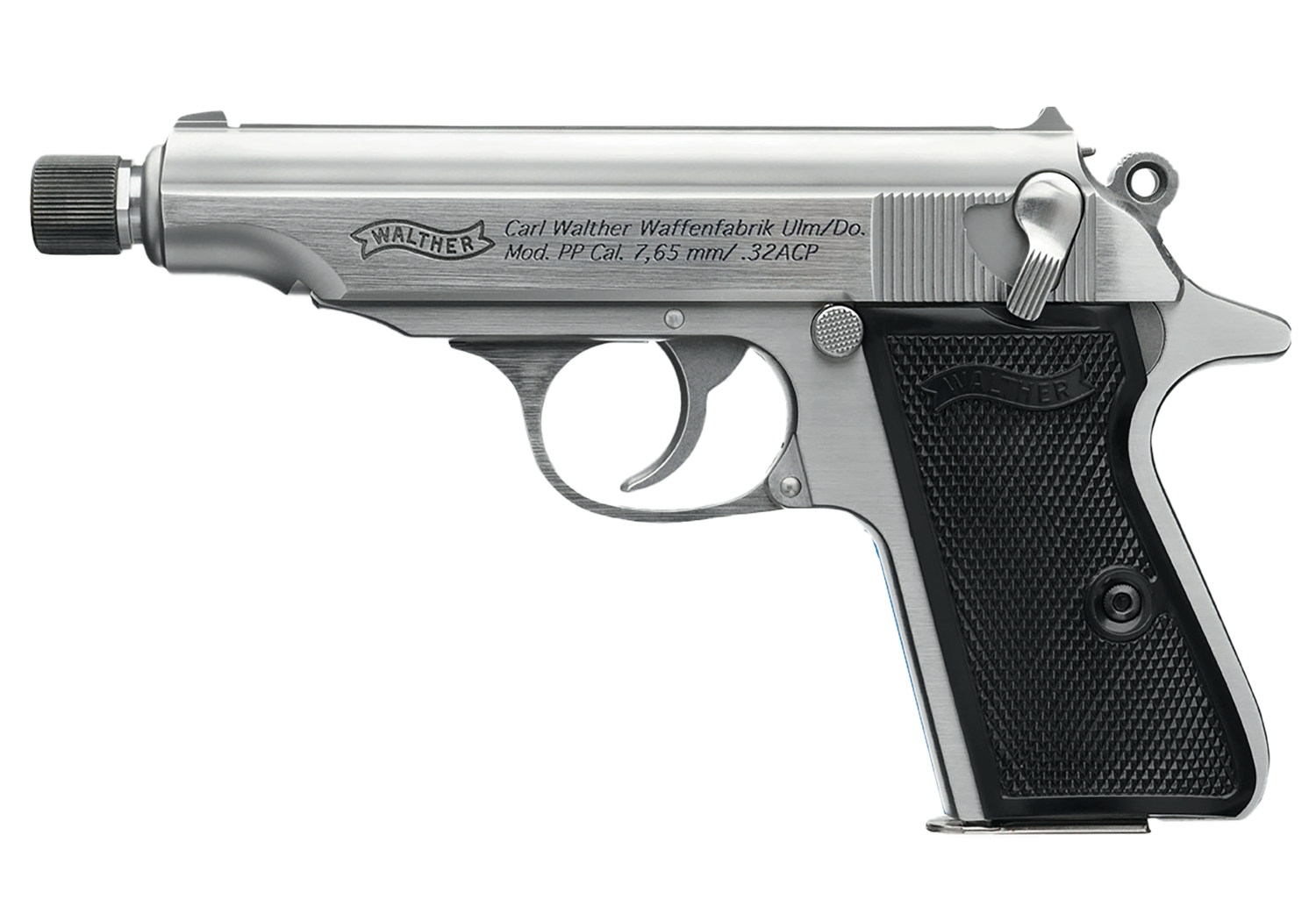 Walther PP SD Pistol 4796062, 32 ACP, 3.90in, Black Polymer Grips, Stainless Finish, 8 Rds