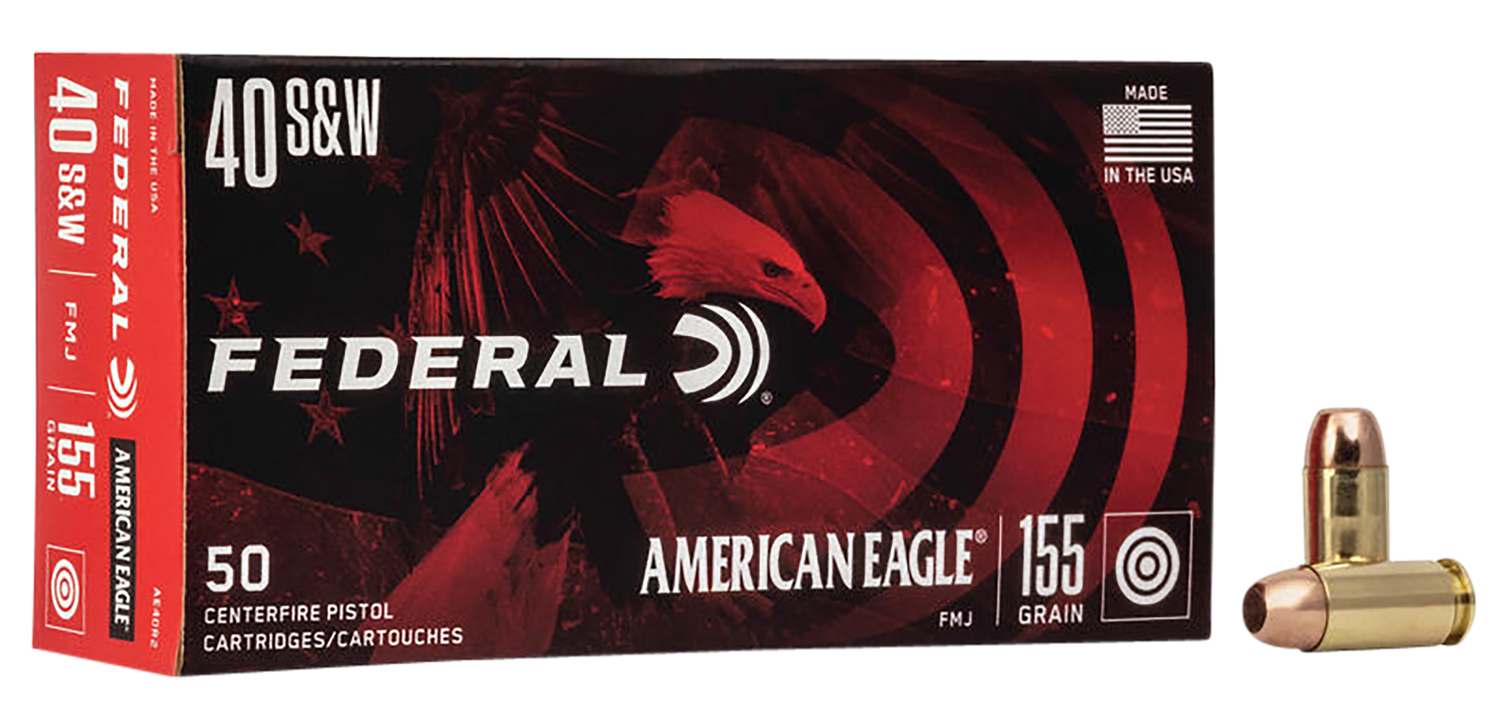 Federal American Eagle Pistol Ammunition AE40R2, 40 S&W, Full Metal Jacket (FMJ), 155 GR, 1140 fps, 50 Rd/bx