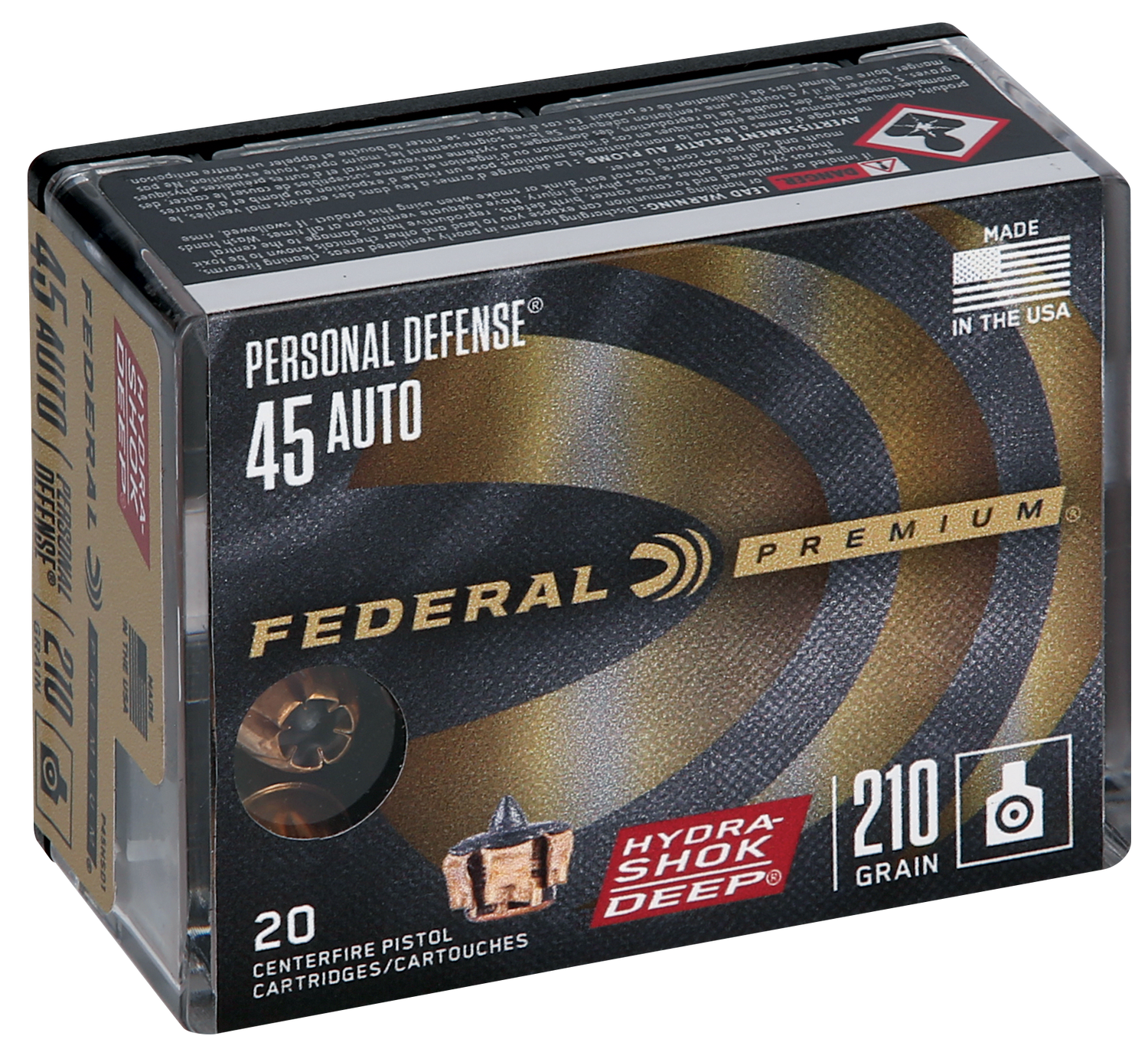 Federal Premium Personal Defense Pistol Ammunition P45HSD1, 45 ACP, Hydra-Shok Deep, 210 GR, 20 Rd/bx