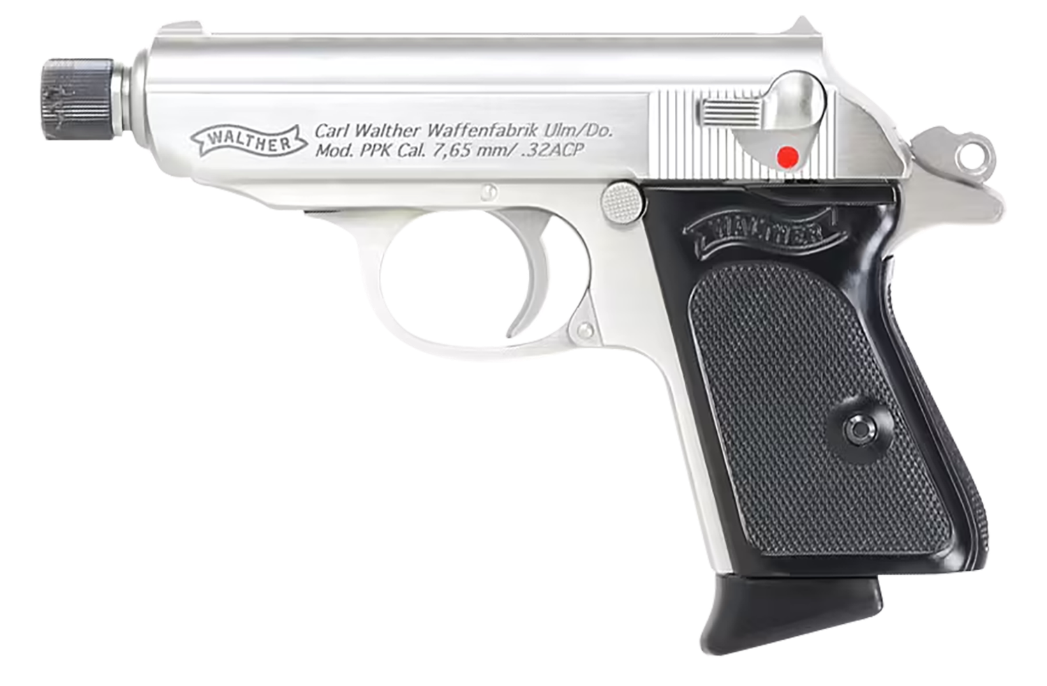 Walther PPK SD Pistol 4796060, 32 ACP, 3.30in, Textured Polymer Grips, Stainless Finish, 6 Rds