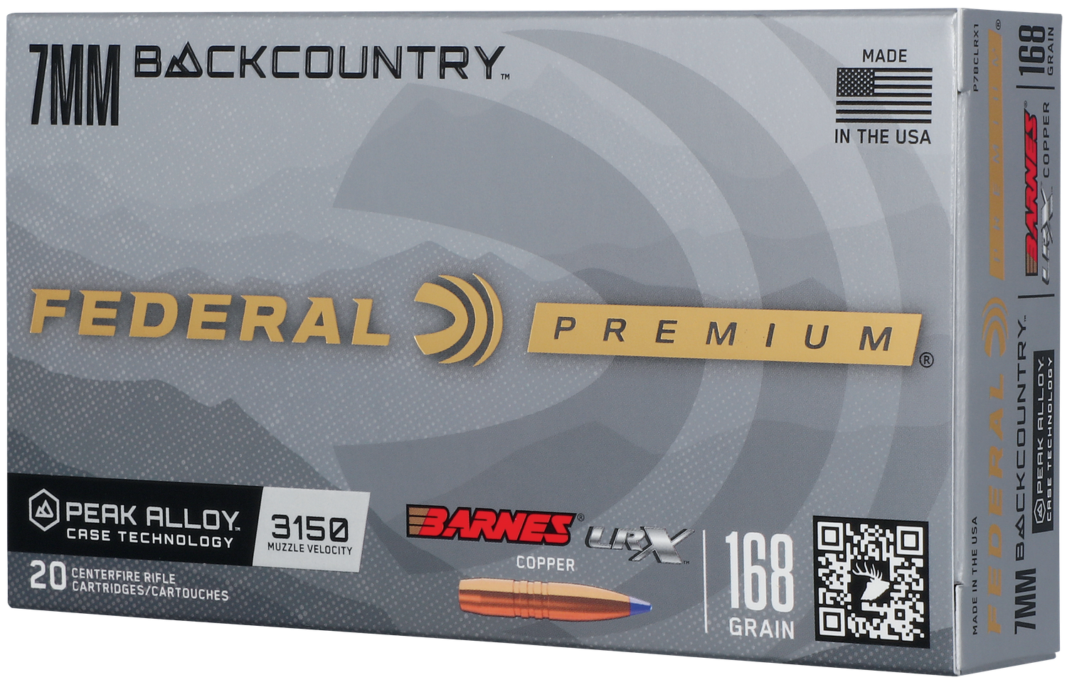 Federal Premium Rifle Ammunition P7BCLRX1, 7mm BackCountry, Barnes LRX Copper, 168 GR, 3150 fps, 20 Rd/bx
