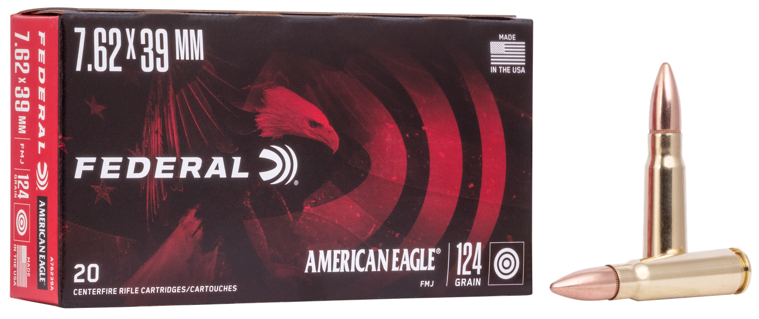 Federal American Eagle Rifle Ammunition A76239A, 7.62 mm X 39 mm, Metal Case (MC), 124 GR, 2300 fps, 20 Rd/bx