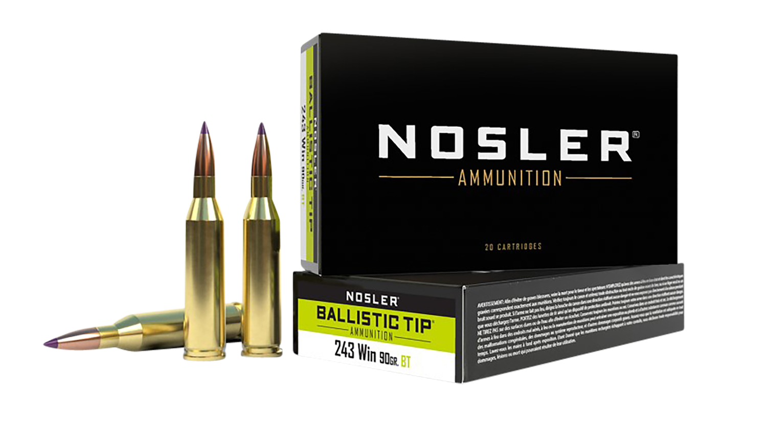 Nosler Ballistic Tip Rifle Ammunition 40050, 243 Winchester, Ballistic Tip, 90 GR, 3000 fps, 20 Rd/Bx