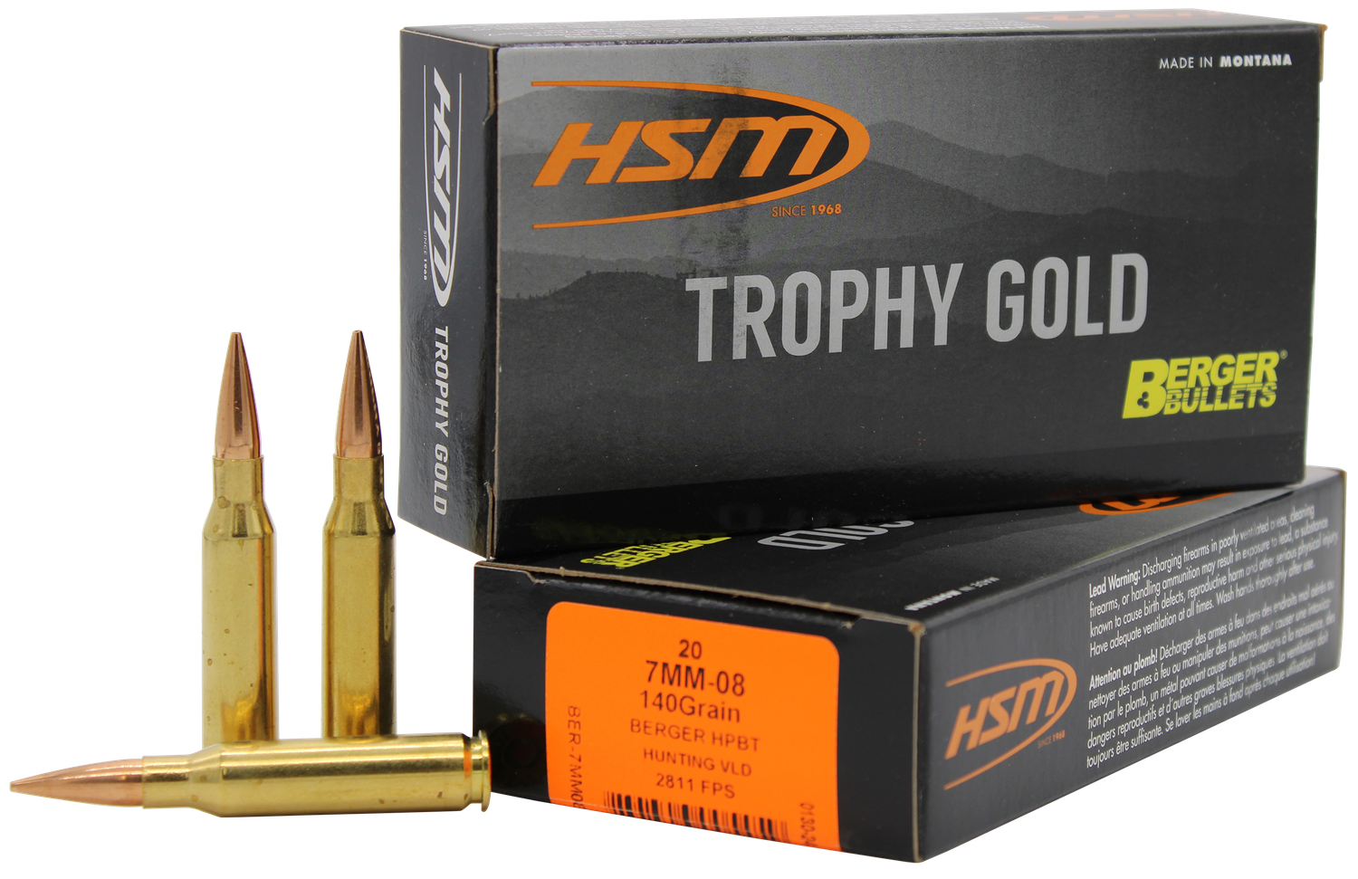 HSM Trophy Gold Rifle Ammunition 7mm08140VLD, 7mm-08 Remington, Berger Hunting VLD, 140 GR, 2811 fps, 20 Rd/bx