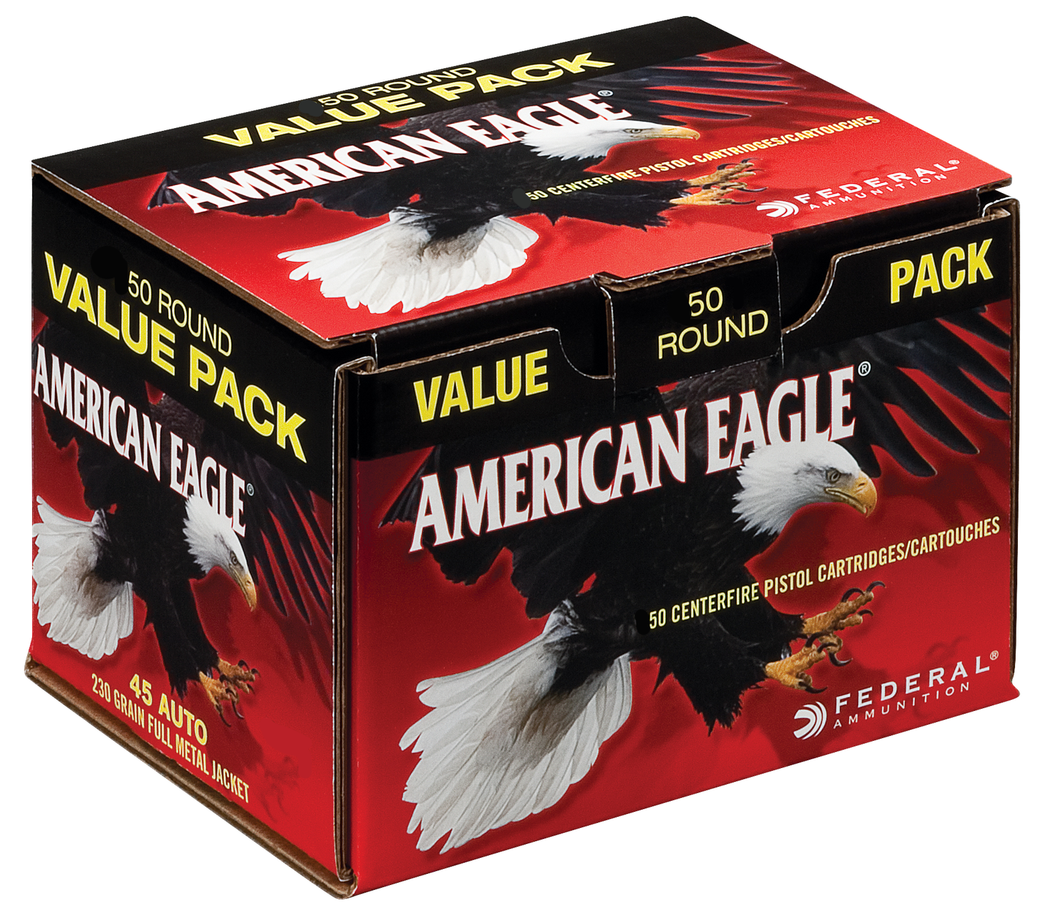 Federal Cartridge American Eagle Handgun Pistol Ammunition AE45A50, 45 ACP, Full Metal Jacket (FMJ), 230  GR, 890  fps, 50 Rd/bx