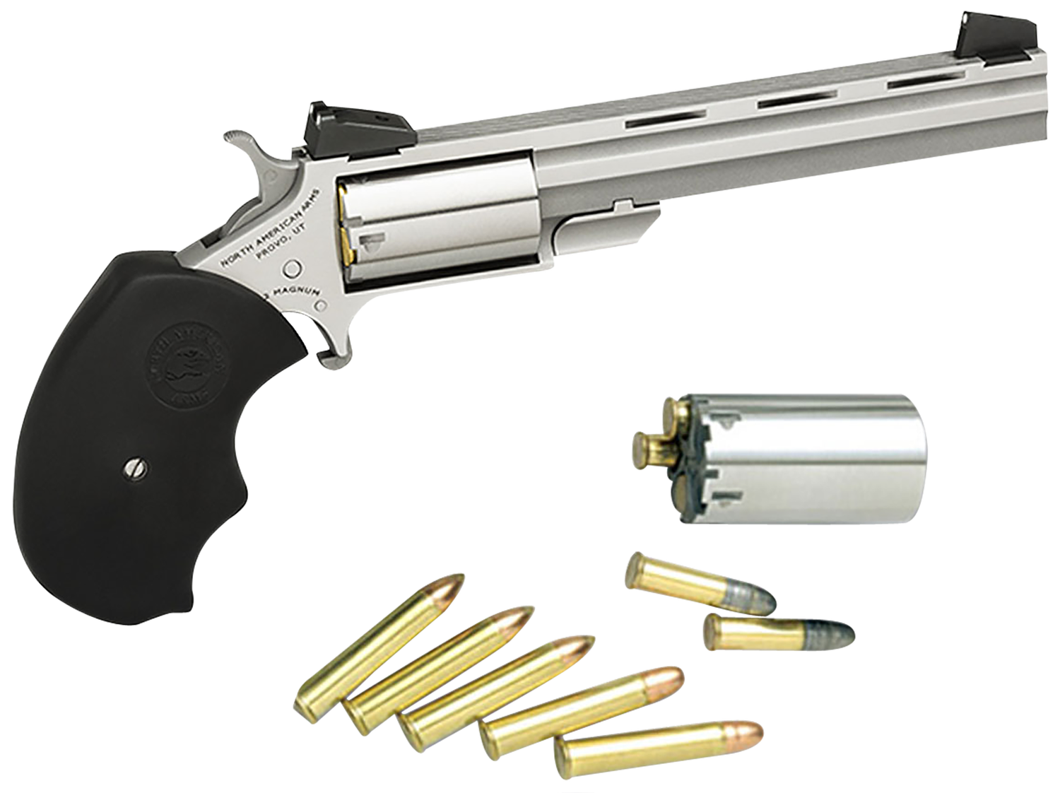 North American Mini Master Revolver MMTC, 22 LR / 22 WMR, 4", Black Rubber Grip, Stainless Finish, 5 Rd, Adjustable Sights