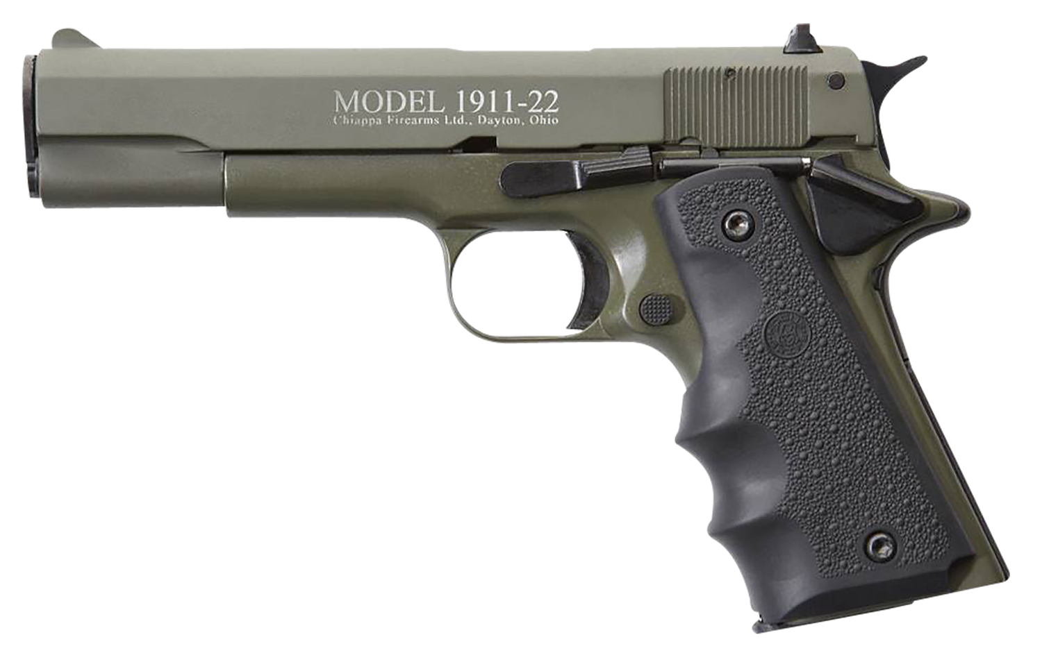 Chiappa 1911-22 22 Standard Pistol 401121, 22 LR, 5in, Black Hogue Rubber w/Finger Grooves Grips, OD Green Finish, 10 Rds