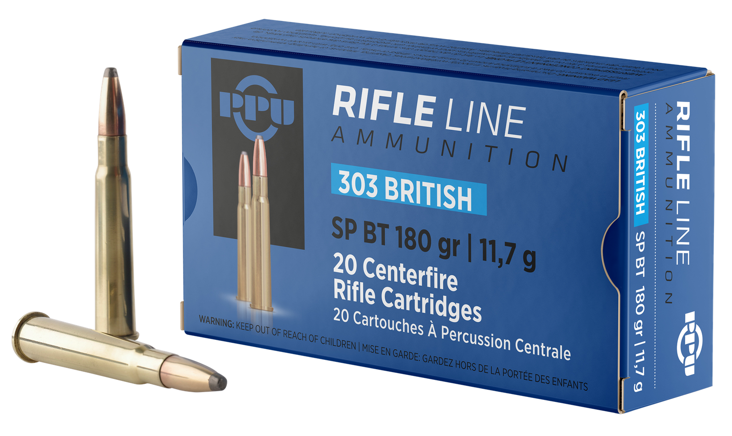 PPU Standard Rifle Ammunition PP303S2, 303 British, Soft Point Boat Tail, 180 GR, 2460 fps, 20 Rds/bx