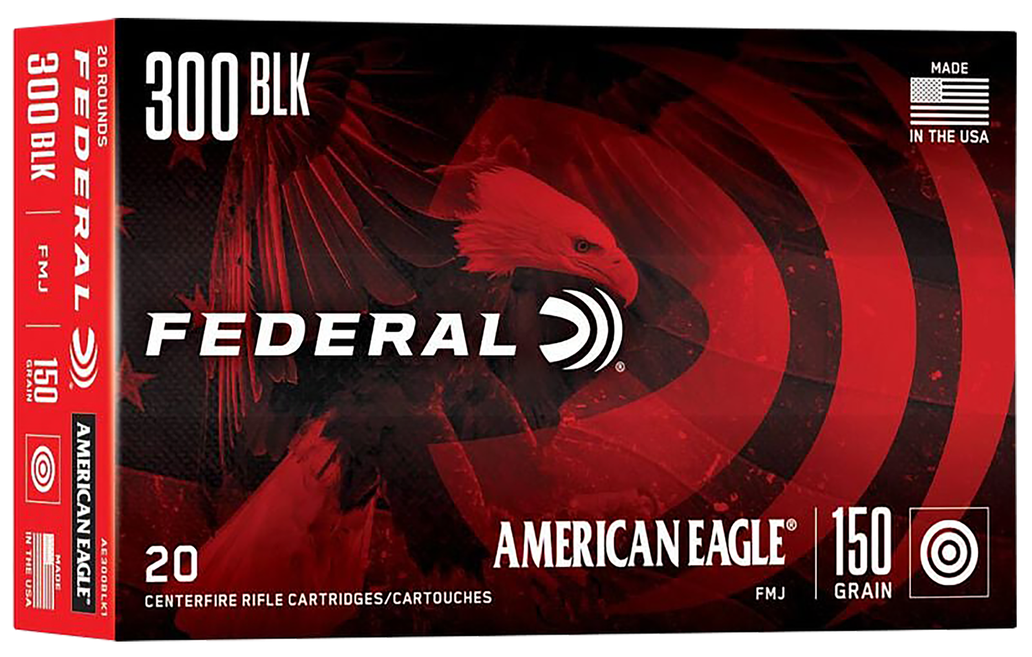 Federal American Eagle Rifle Ammunition AE300BLK1, 300 AAC Blackout, FMJ-BT, 150 GR, 20 Rd/bx
