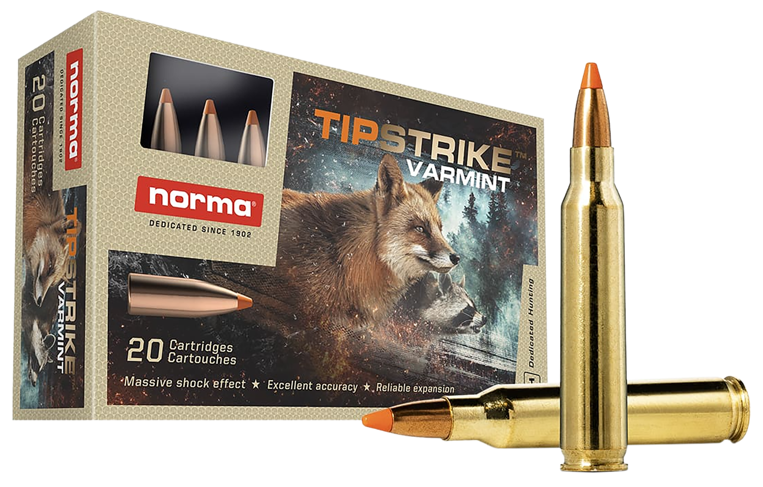 Norma Varmint Rifle Ammunition 20157352, 223 Remington, Polymer Tip, 55 gr, 3215 fps, 20 Rd/Bx