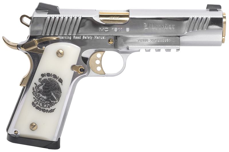 EAA Regard Liberador II Pistol 391057, 45 ACP, 5in, Pearl Like w/Mexican Coat Of Arms, Stainless w/Gold Controls Finish, 8 Rds