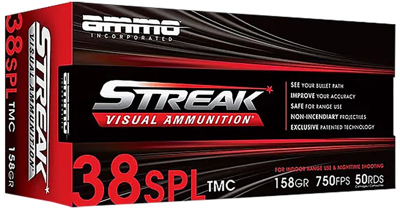Ammo Inc Streak Visual (RED) Pistol Ammunition 38158TMCSTRKRED50, 38 Special, Total Metal Case, 158  GR, 750  fps, 50 Rd/bx