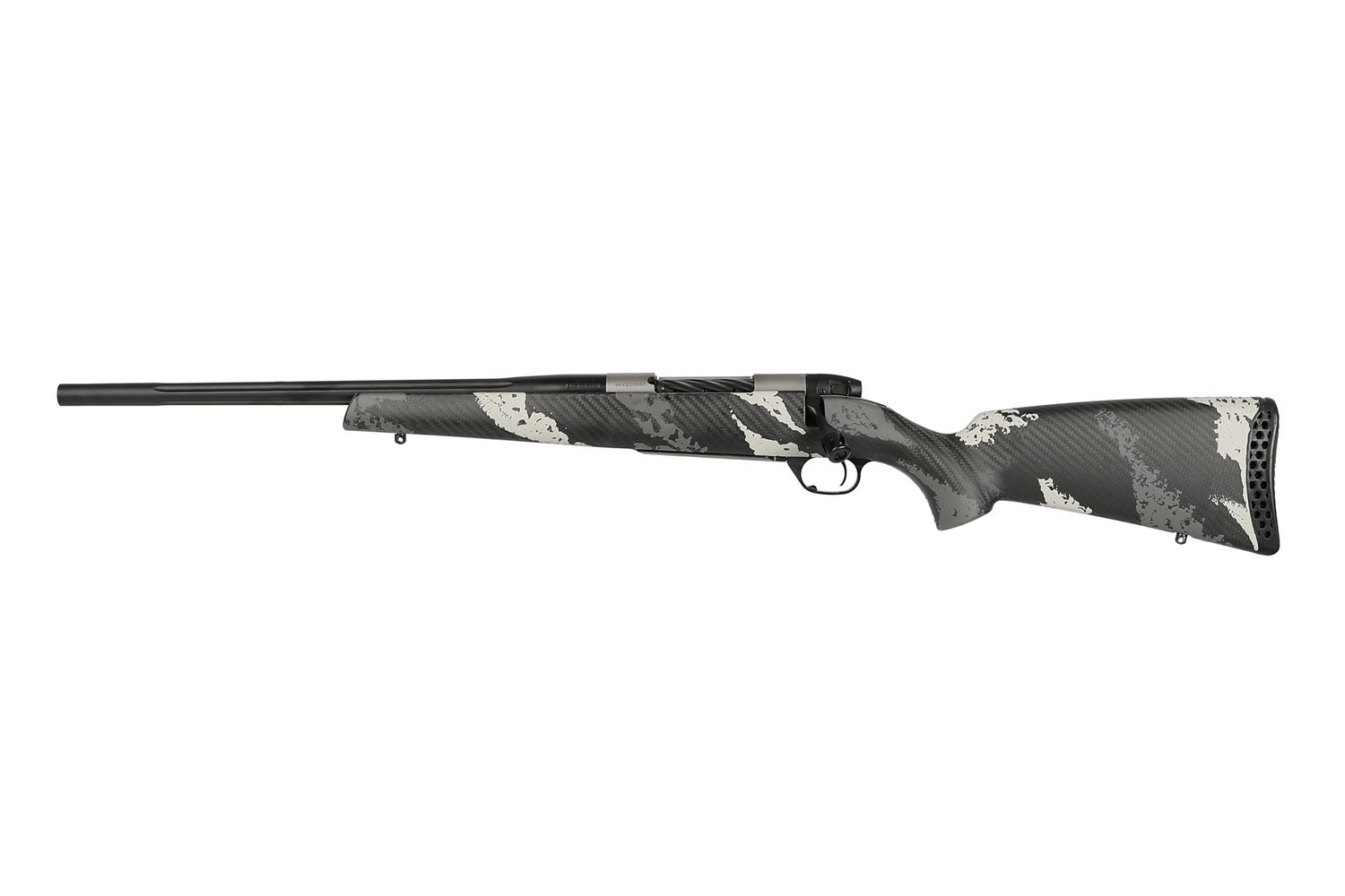 Weatherby Mark V Backcountry Ti 2.0 Left-Hand Rifle MBT20N338WL0B, 338 Weatherby RPM, 18", Grey/white Carbon Fiber Camo Stock, 4 Rds