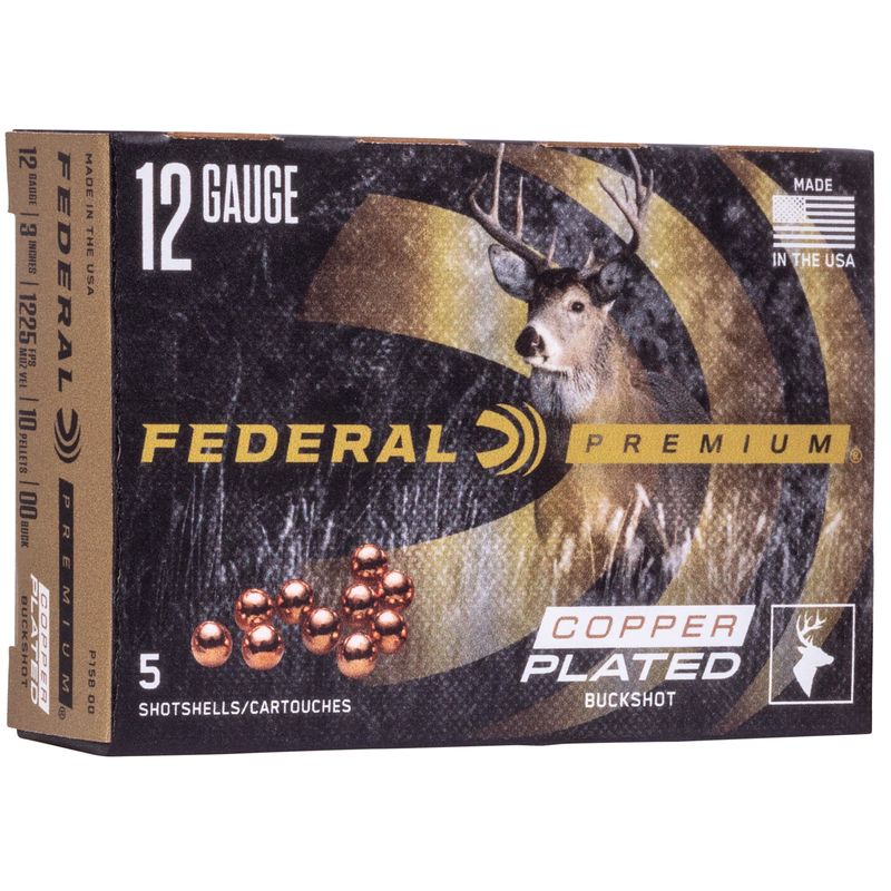 Federal Premium Vital-Shok P158, 12 Gauge, 3", 15 Pellets, 1100 fps, #00 Copper Plated Lead Buckshot, 5 Rd/bx