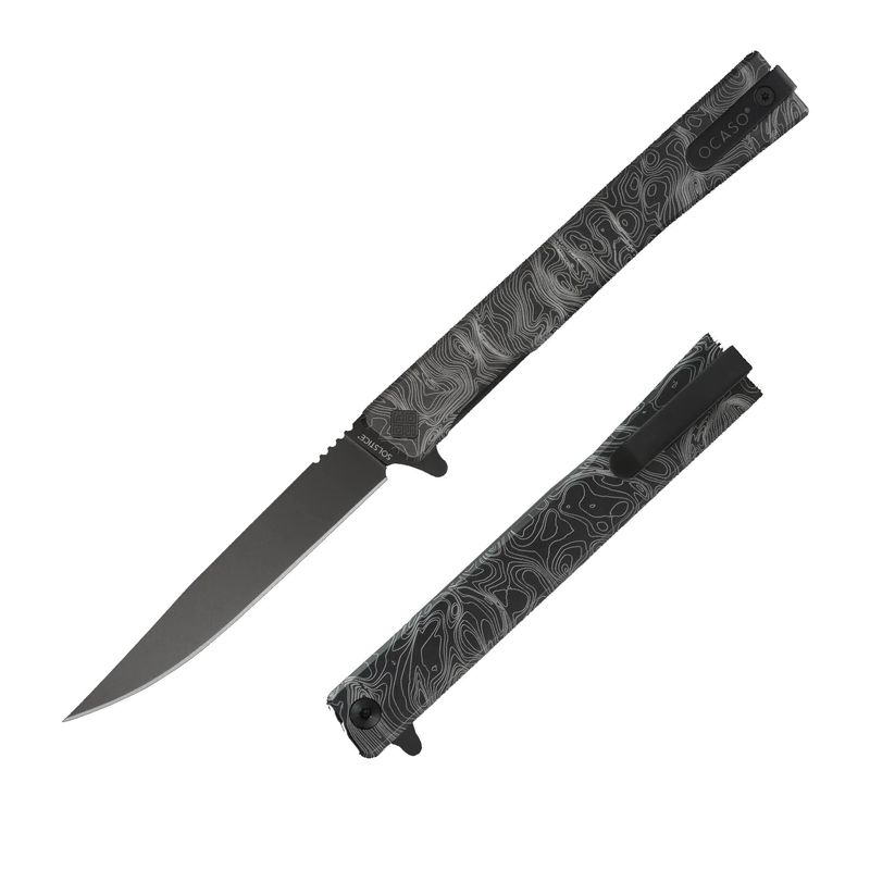 Ocaso Solistice Folding Knife, Black PVD Blade, Engraved Topo Handle (10ETB)