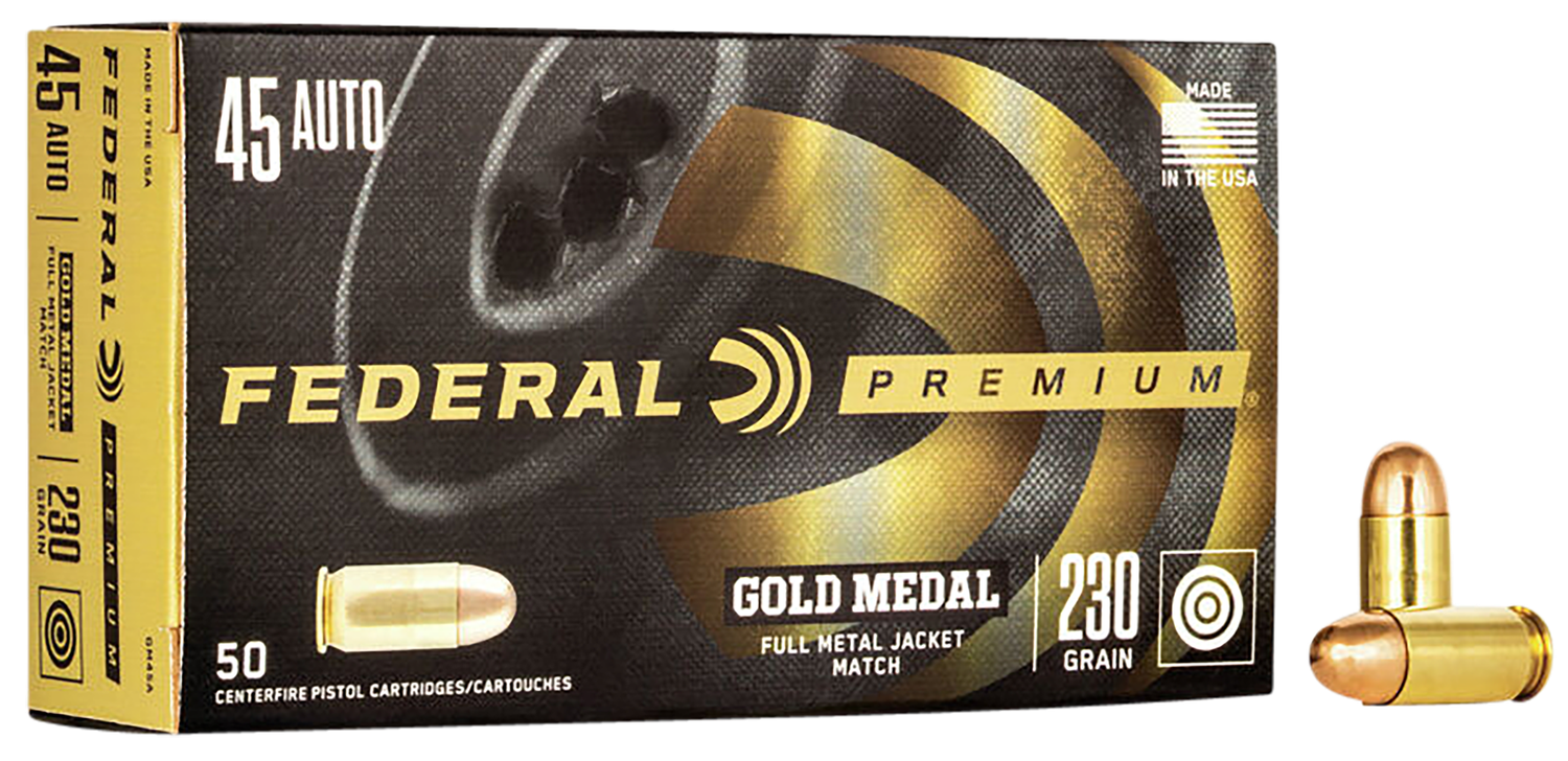 Federal Premium Gold Medal Pistol Ammunition GM45A, 45 ACP, Full Metal Jacket (FMJ), 230 GR, 860 fps, 50 Rd/bx