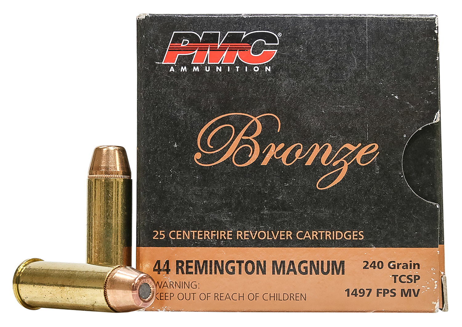 PMC Bronze Line Handgun Ammunition 44D, 44 Remington Mag, Truncated Cone Soft Point (SP), 240 GR, 1300 fps, 25 Rd/bx