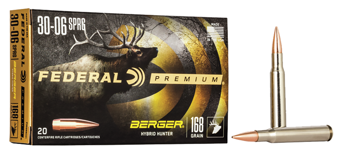 Federal Premium Berger Hybrid Rifle Ammunition P3006BCH1, 30-06 Springfield, Berger Hybrid, 168 GR, 2800 fps, 20 Rds/Bx