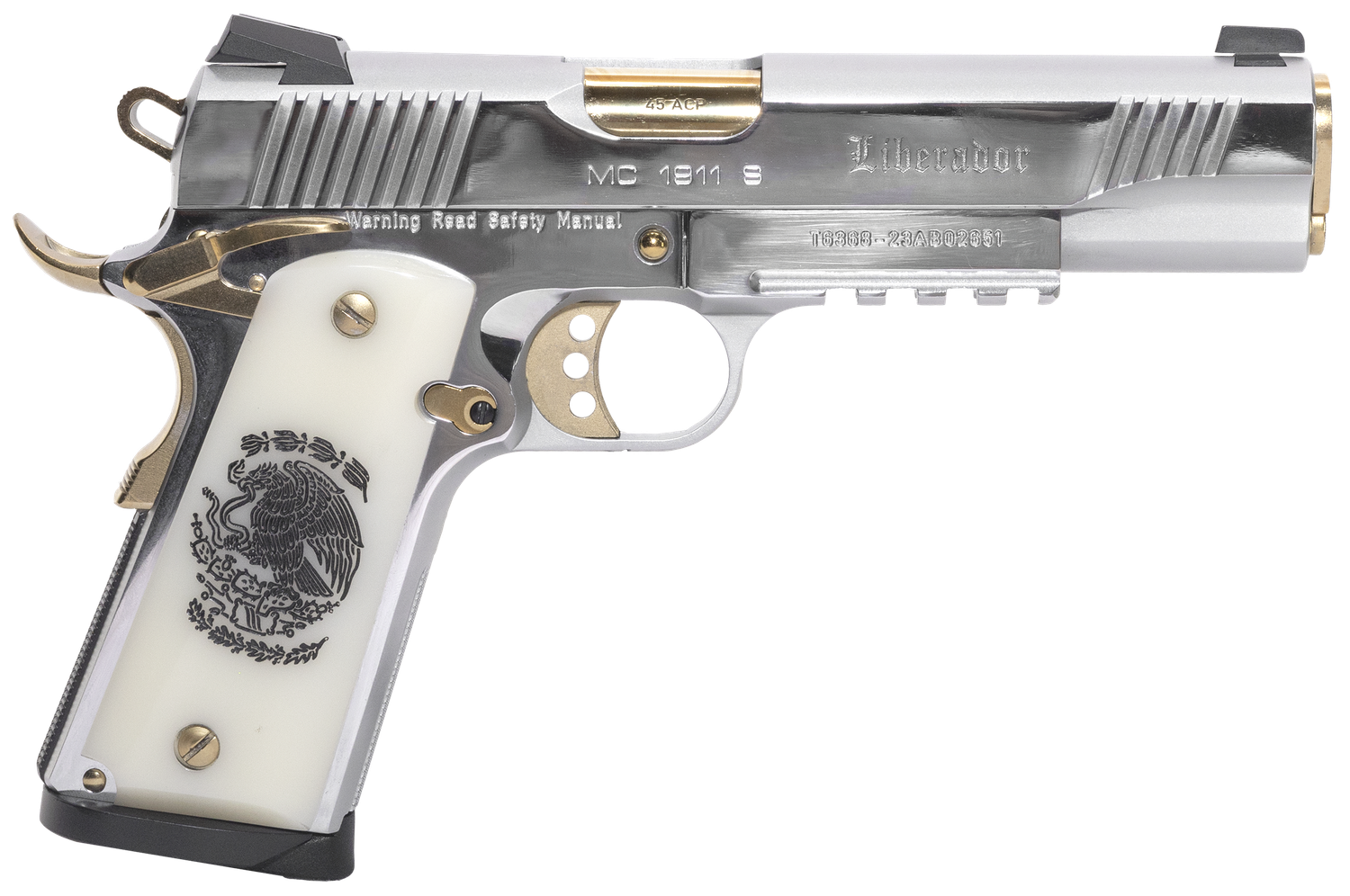 EAA Regard Liberador II Pistol 391057, 45 ACP, 5in, Pearl Like w/Mexican Coat Of Arms, Stainless w/Gold Controls Finish, 8 Rds