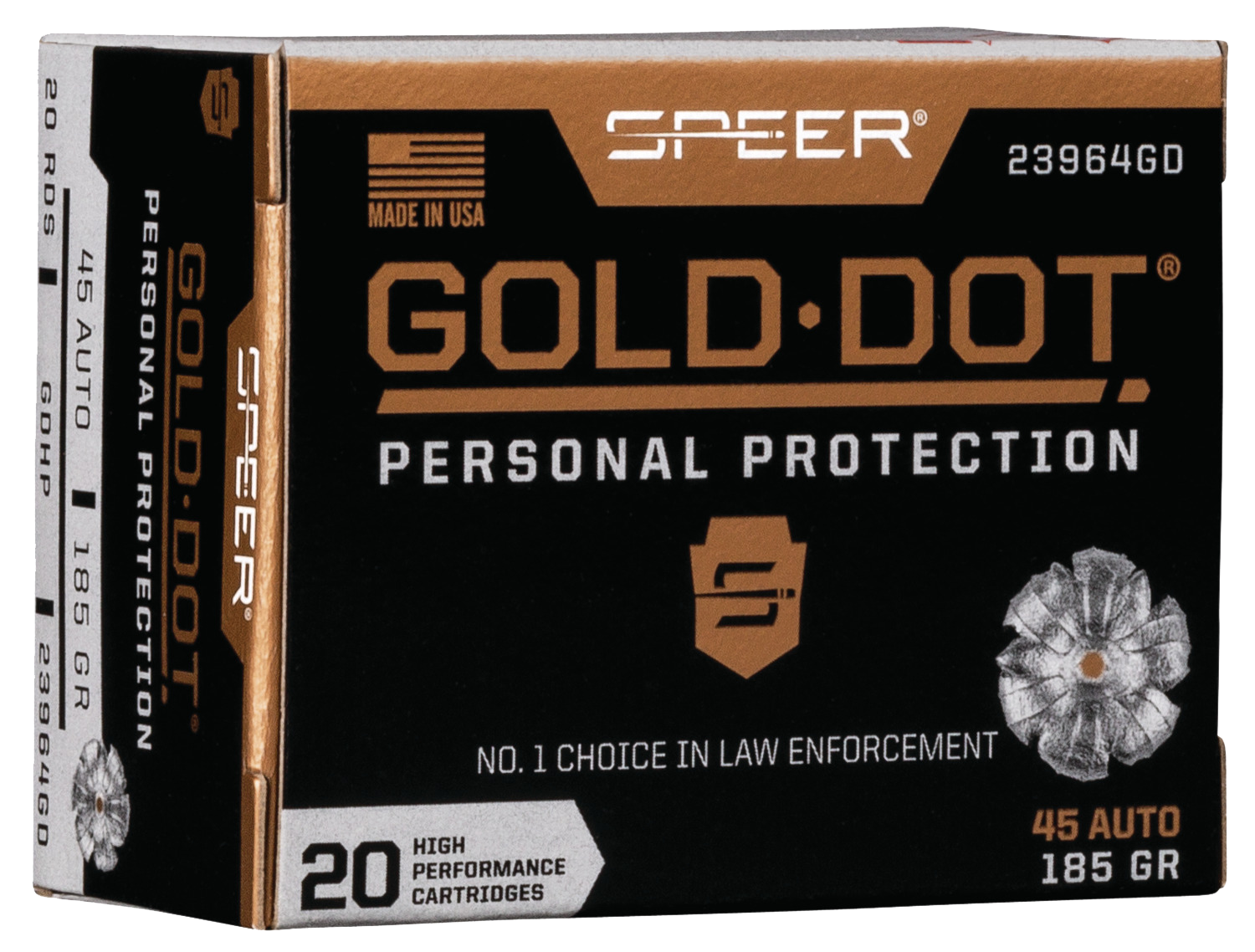 Speer Gold Dot Personal Protection Handgun Ammunition 23964GD, 45 ACP, Gold Dot HP, 185 GR, 1050 fps, 20 Rd/bx